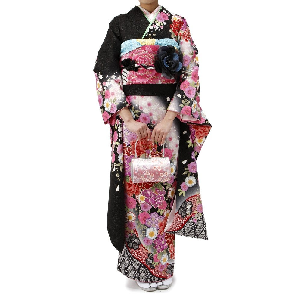 [レンタル] 振袖 花レース柄 LLサイズ ブラック LLサイズ