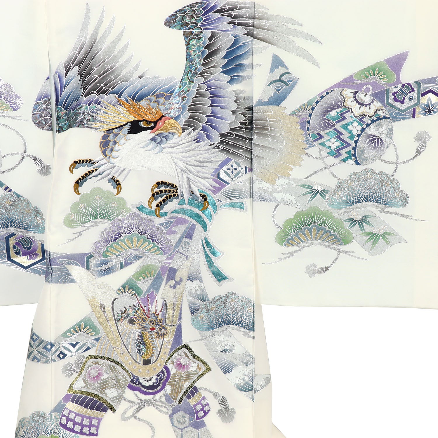 [レンタル] 男の子 お宮参り 産着 レンタル6点フルセット 正絹 銀縁の鷹に兜と束熨斗 白色の宅配レンタル - 3