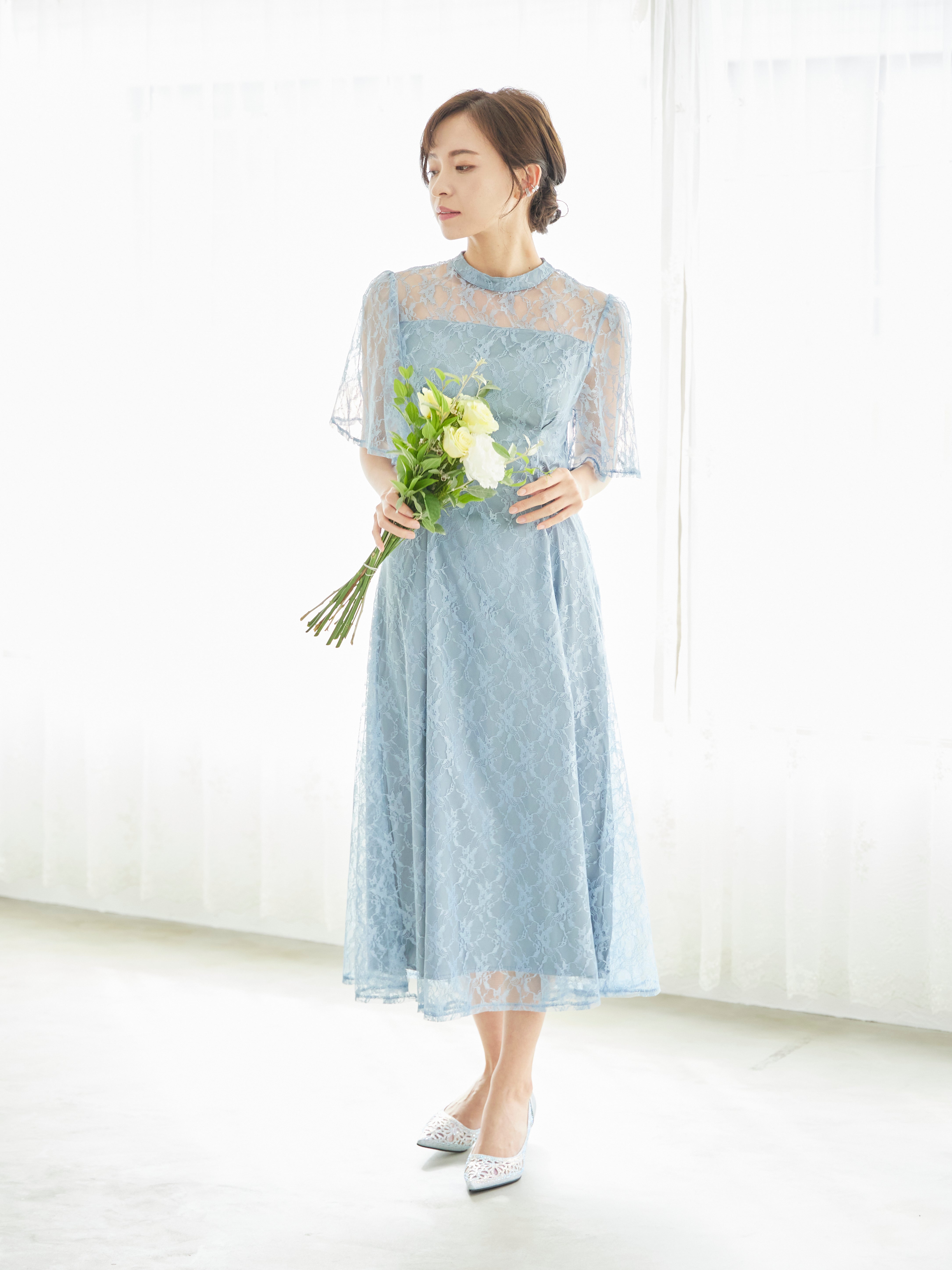 [レンタル] BELINDA DE CAPRIS 総レースフレア袖 ハイネック ワンピースドレス サックスブルーの宅配レンタル - 3