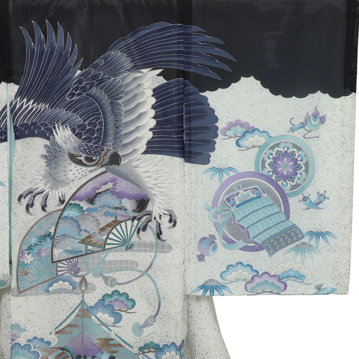 [レンタル] 男の子 お宮参り 産着 絽（夏用） レンタル6点フルセット 鷹と扇面 薄い黒色 / 墨黒の宅配レンタル - 3