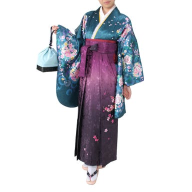 女性用 袴セット レース付き水玉花柄 (着物、袴、和装小物一式) ブルー