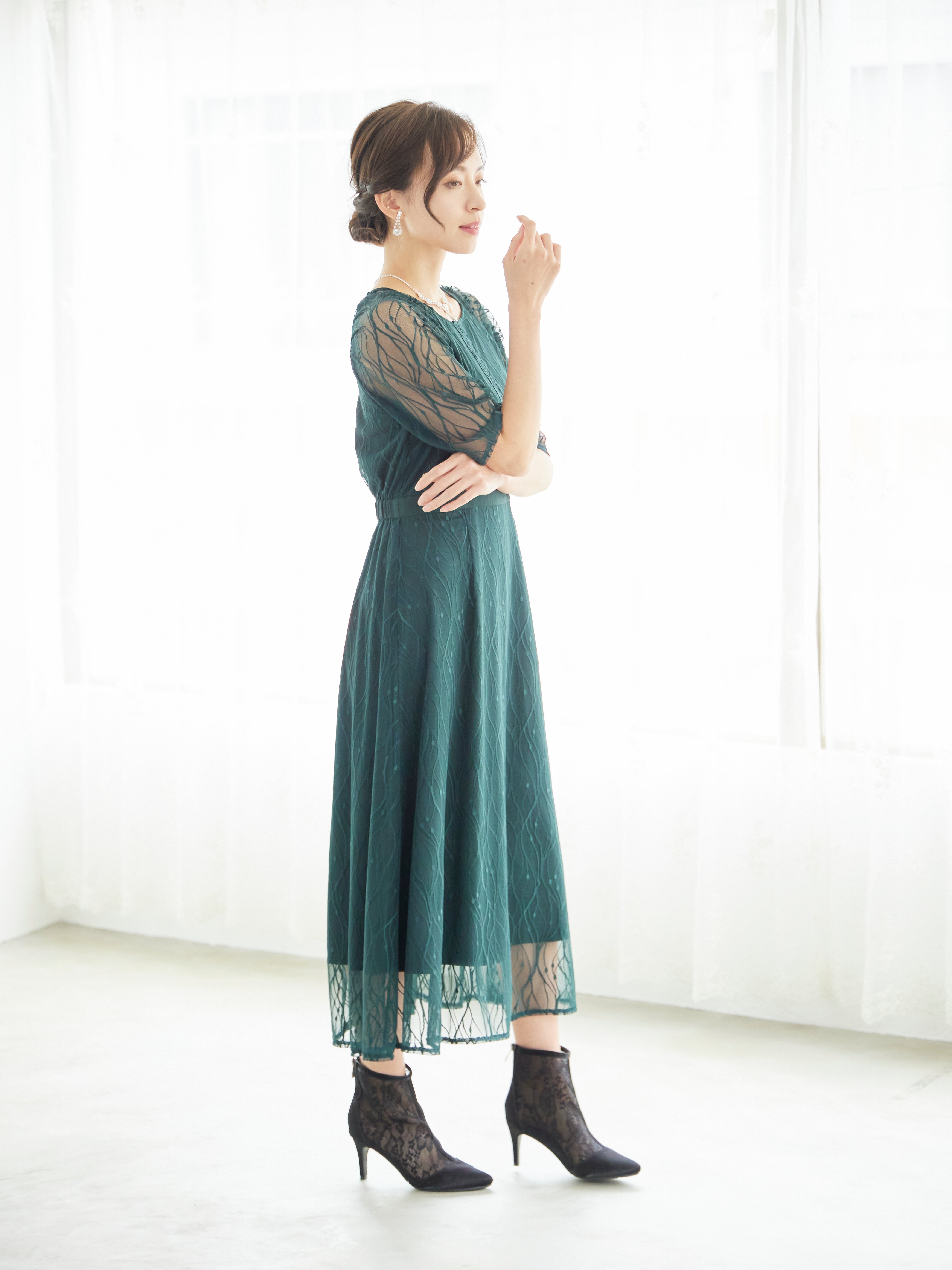 [レンタル] BELINDA DE CAPRIS ラグランスリーブレース ワンピースドレス グリーンの宅配レンタル - 4