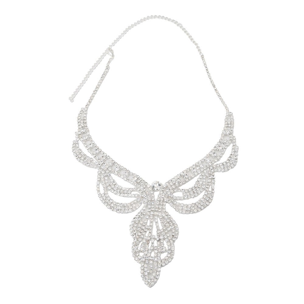 [レンタル] レディース ドレープモチーフ ラインストーンネックレス＆ピアス シルバー