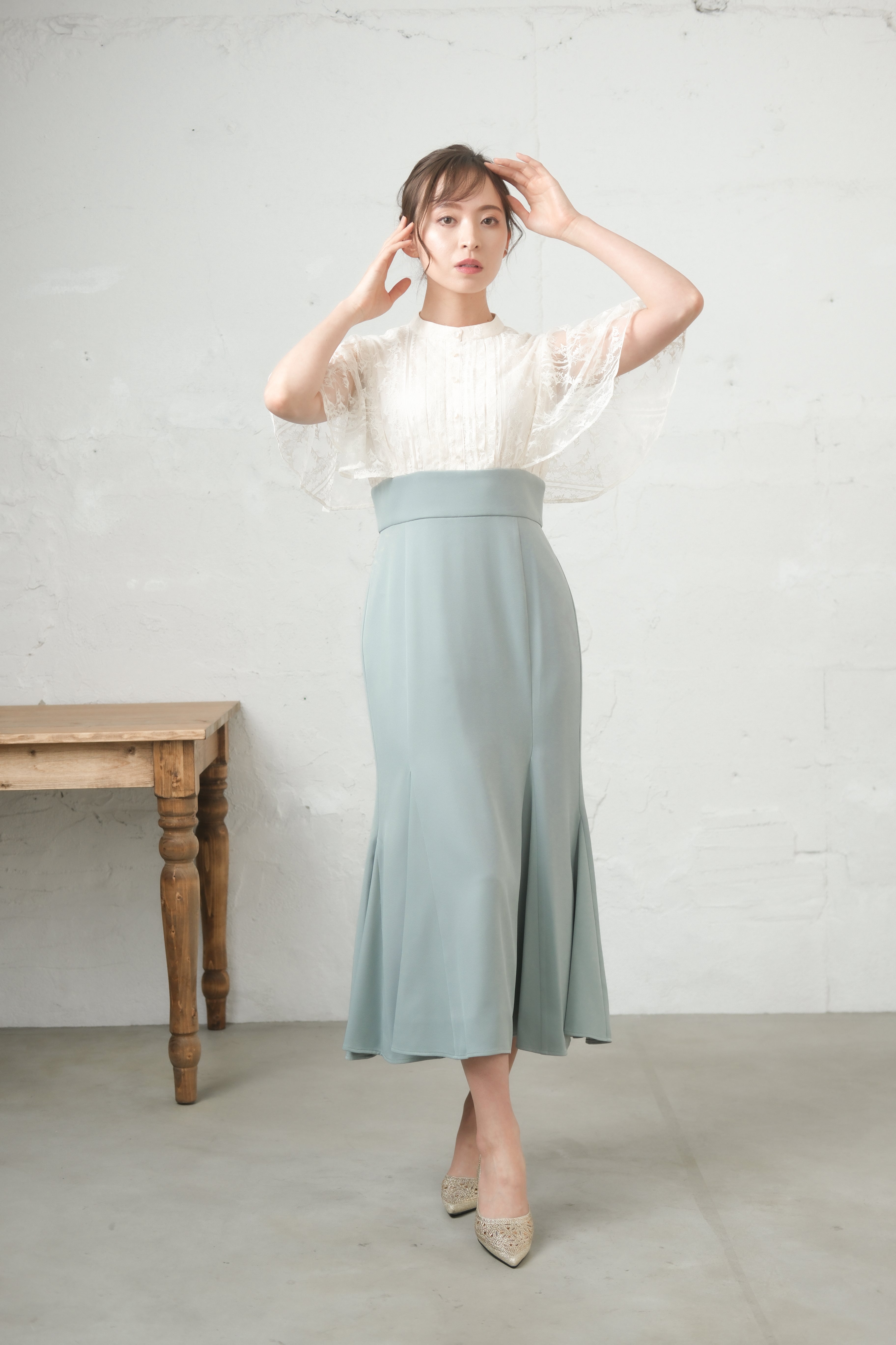 BELINDA DE CAPRIS レース切り替えマーメイド ワンピースドレス オフホワイト×ミント