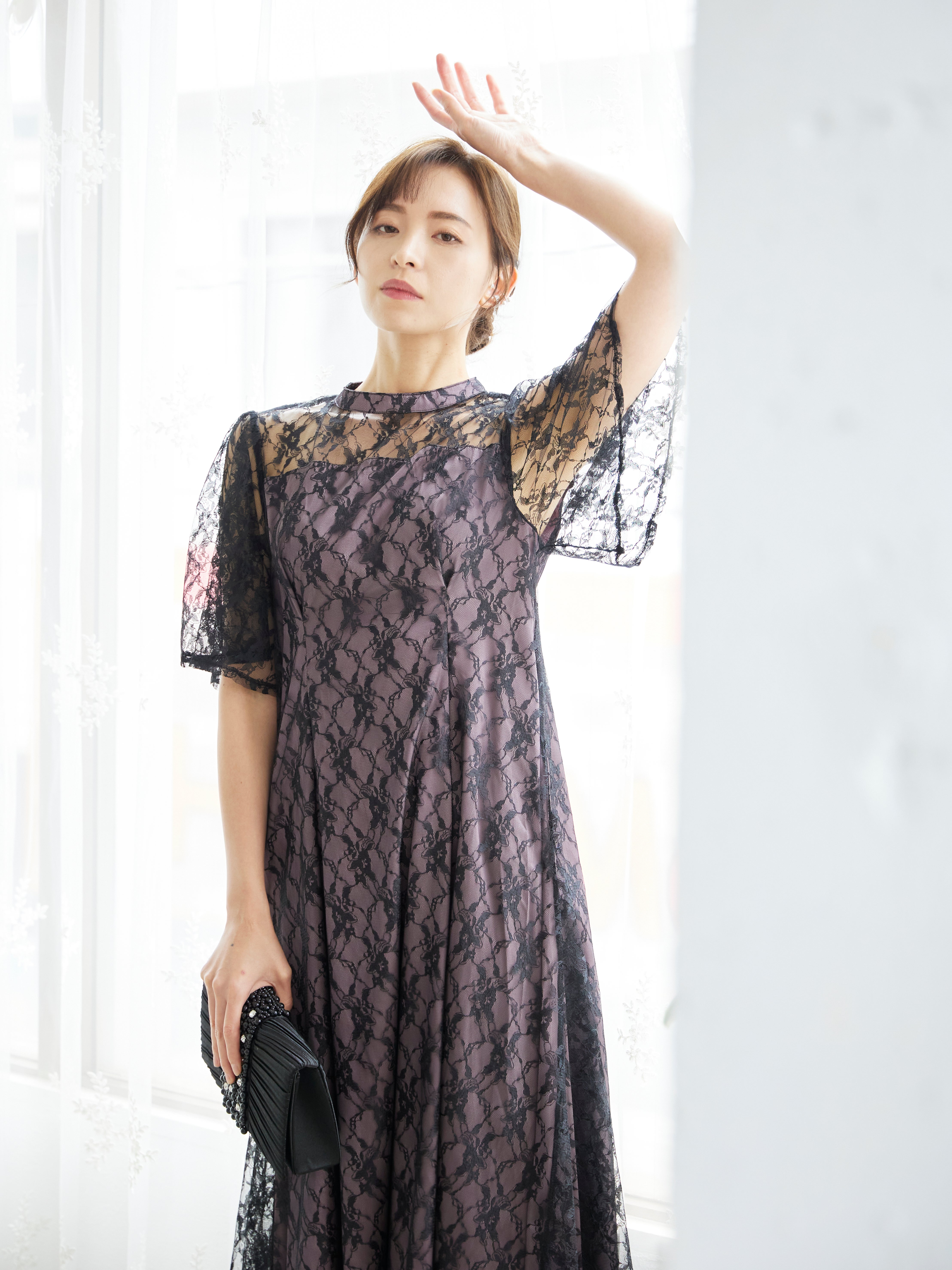 [レンタル] BELINDA DE CAPRIS 総レースフレア袖 ハイネック ワンピースドレス ブラックの宅配レンタル - 16