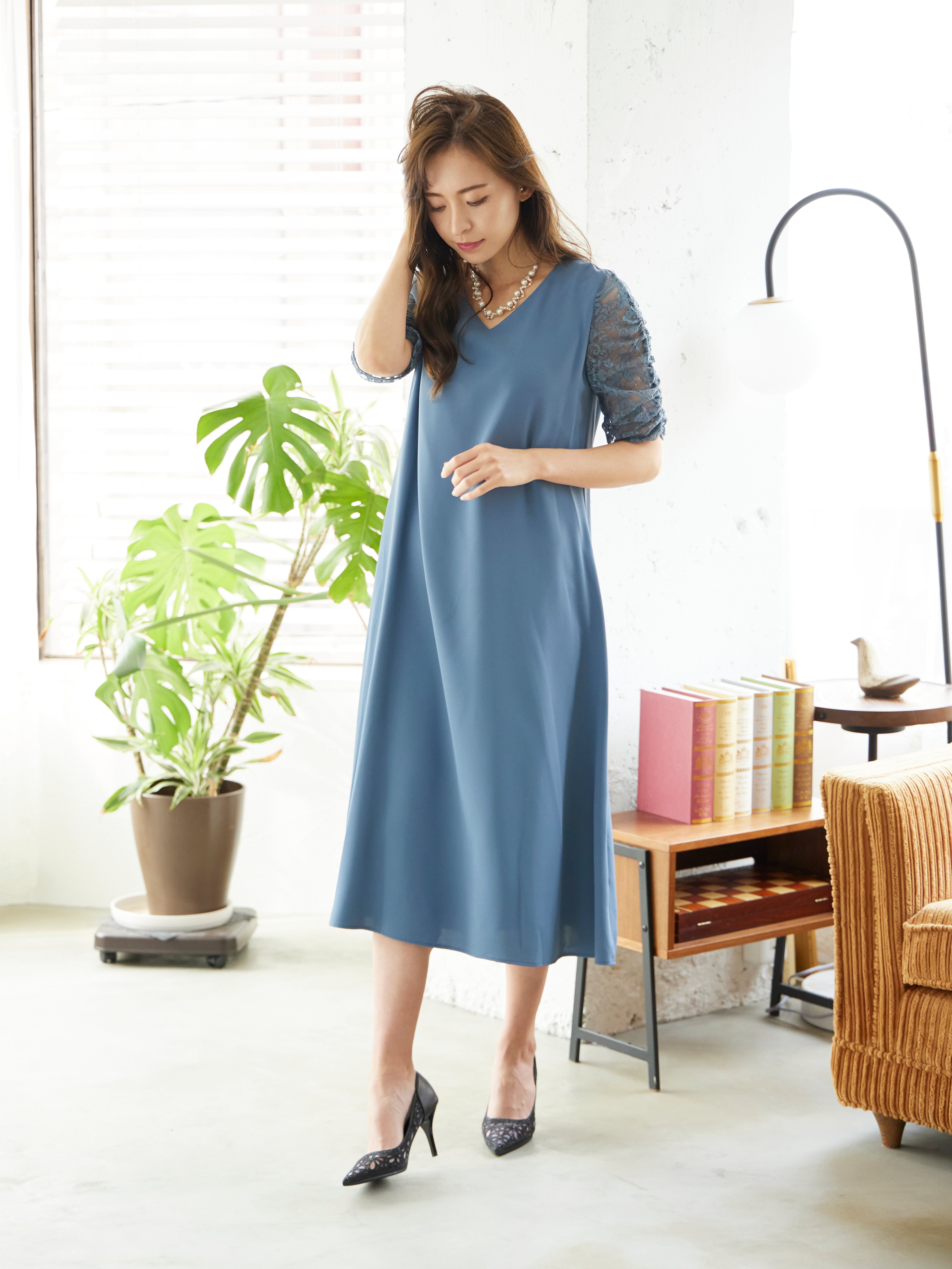 [レンタル] BELINDA DE CAPRIS Vネックギャザースリープ ワンピースドレス ブルーグレーの宅配レンタル - 5