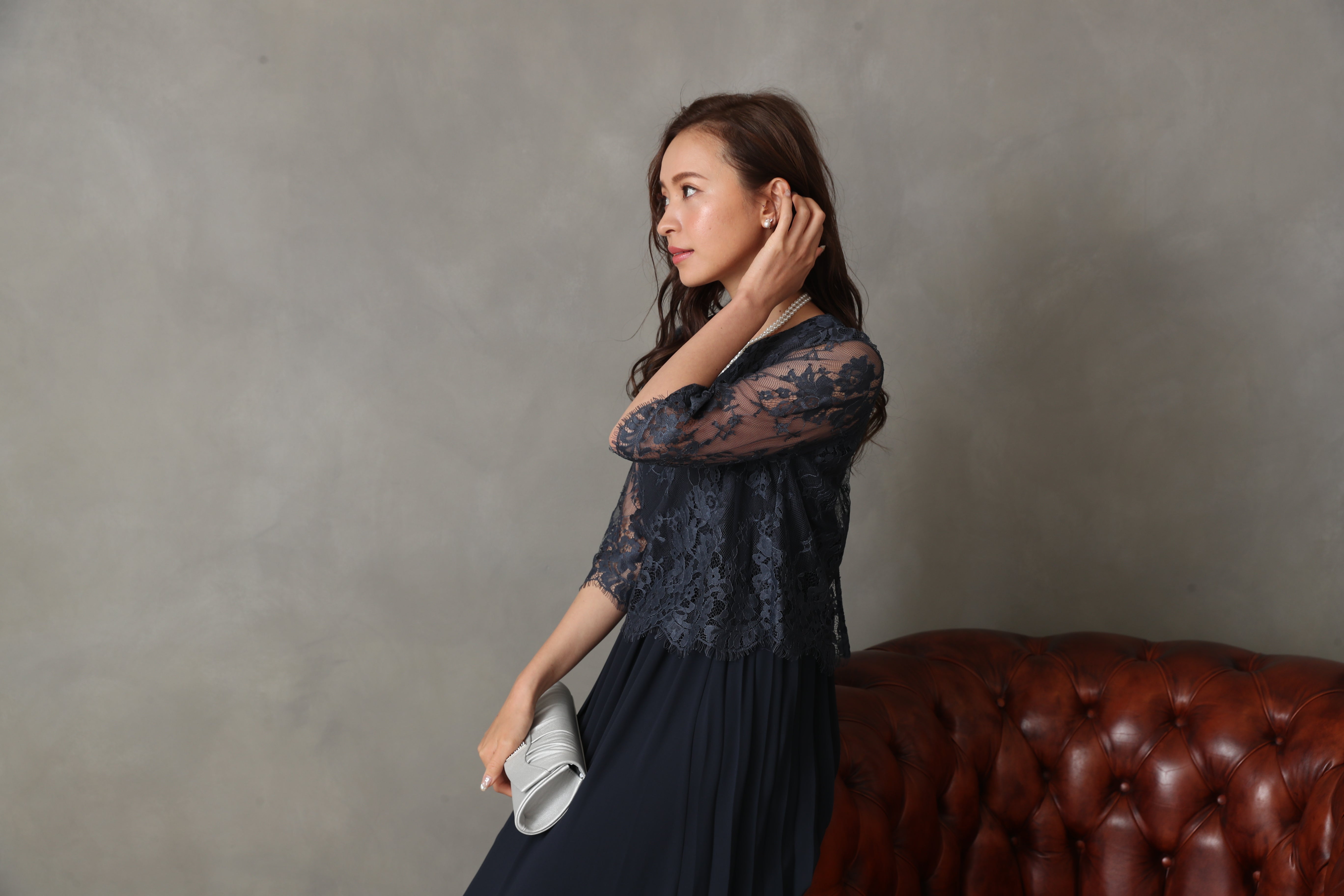 [レンタル] BELINDA DE CAPRIS サイドプリーツ レーススリーブ ワンピースドレス ネイビーの宅配レンタル - 44