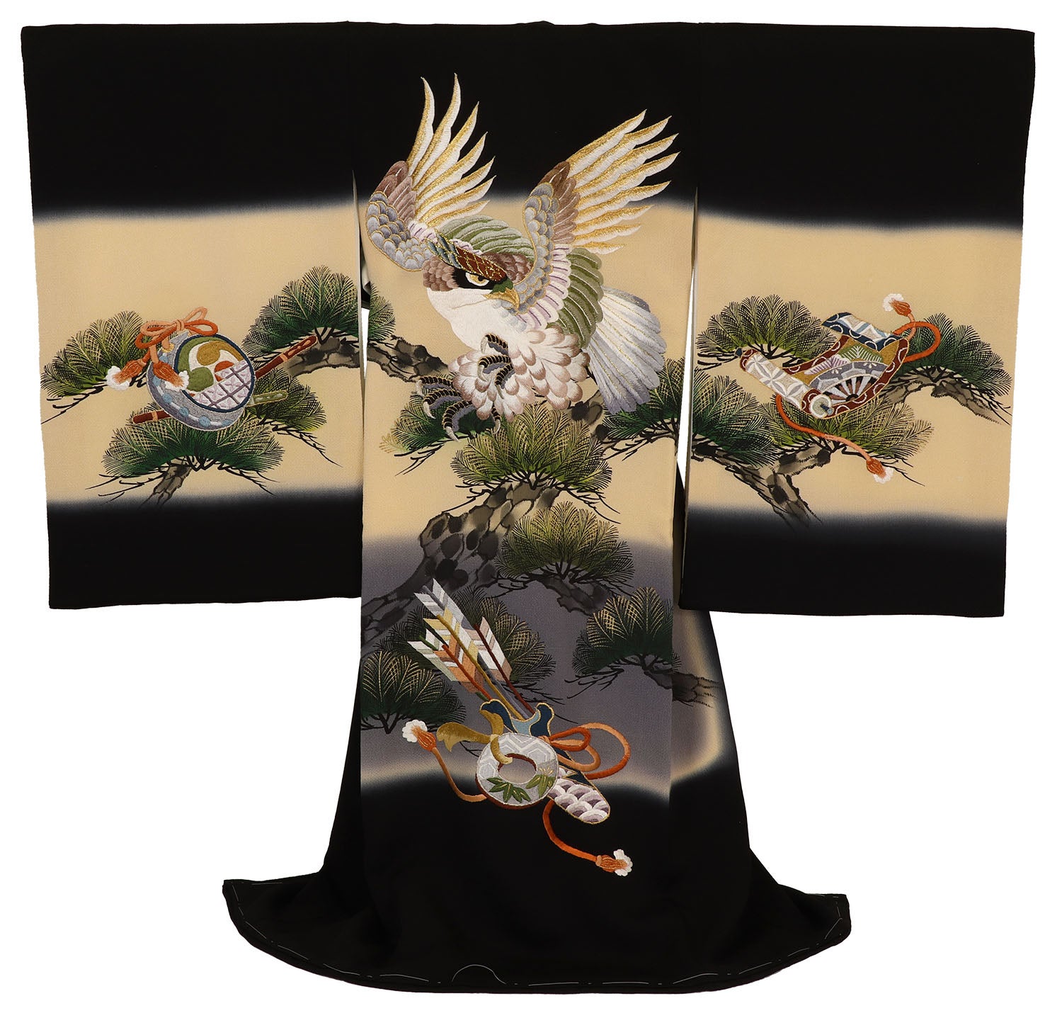 男の子 お宮参り 産着 レンタル6点フルセット 正絹 刺繍の鷹と弓矢 黒色