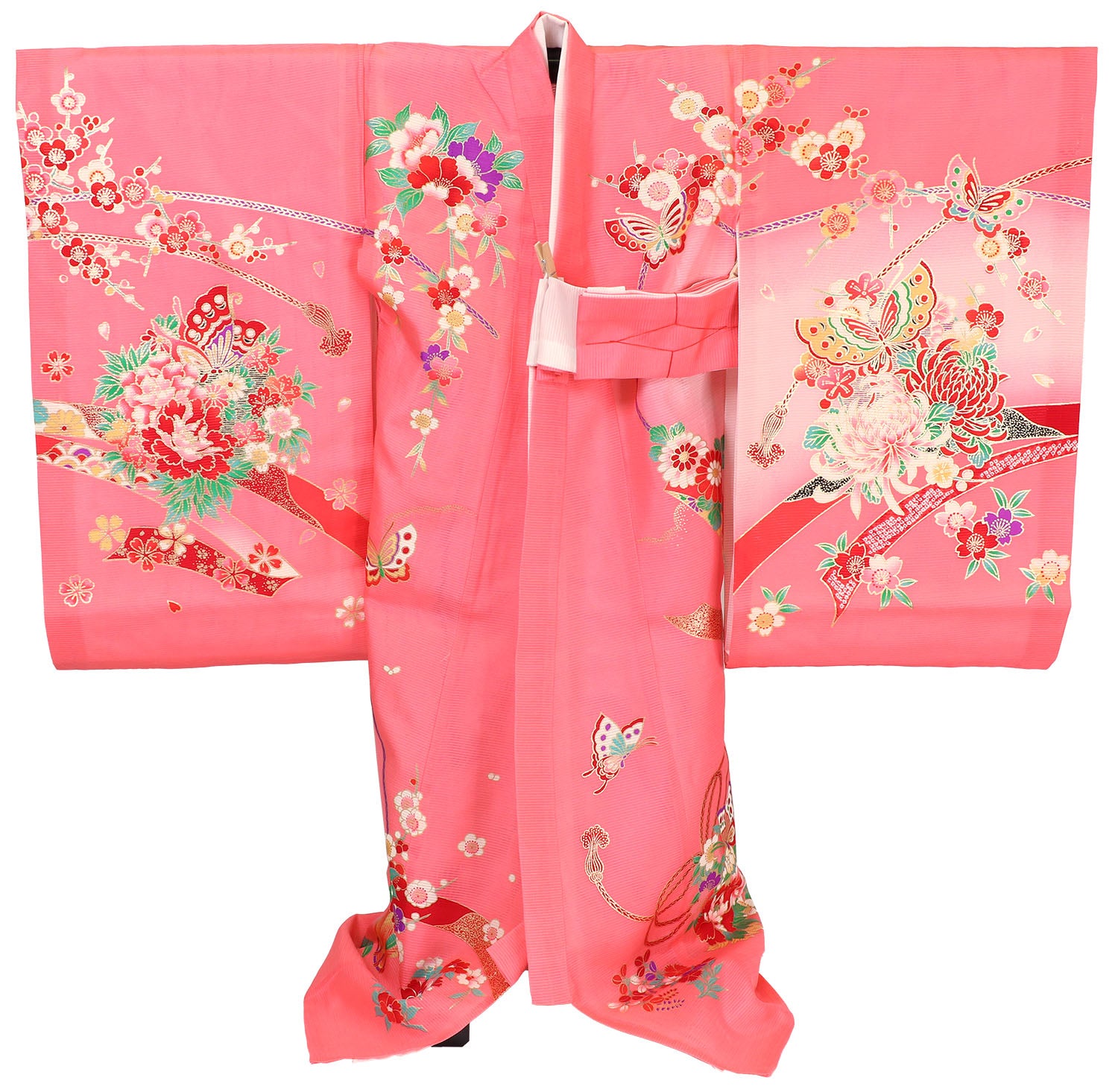 [レンタル] 女の子 お宮参り 産着 絽（夏用） レンタル6点フルセット 正絹 鼓に蝶と熨斗 濃ピンク色の宅配レンタル - 2