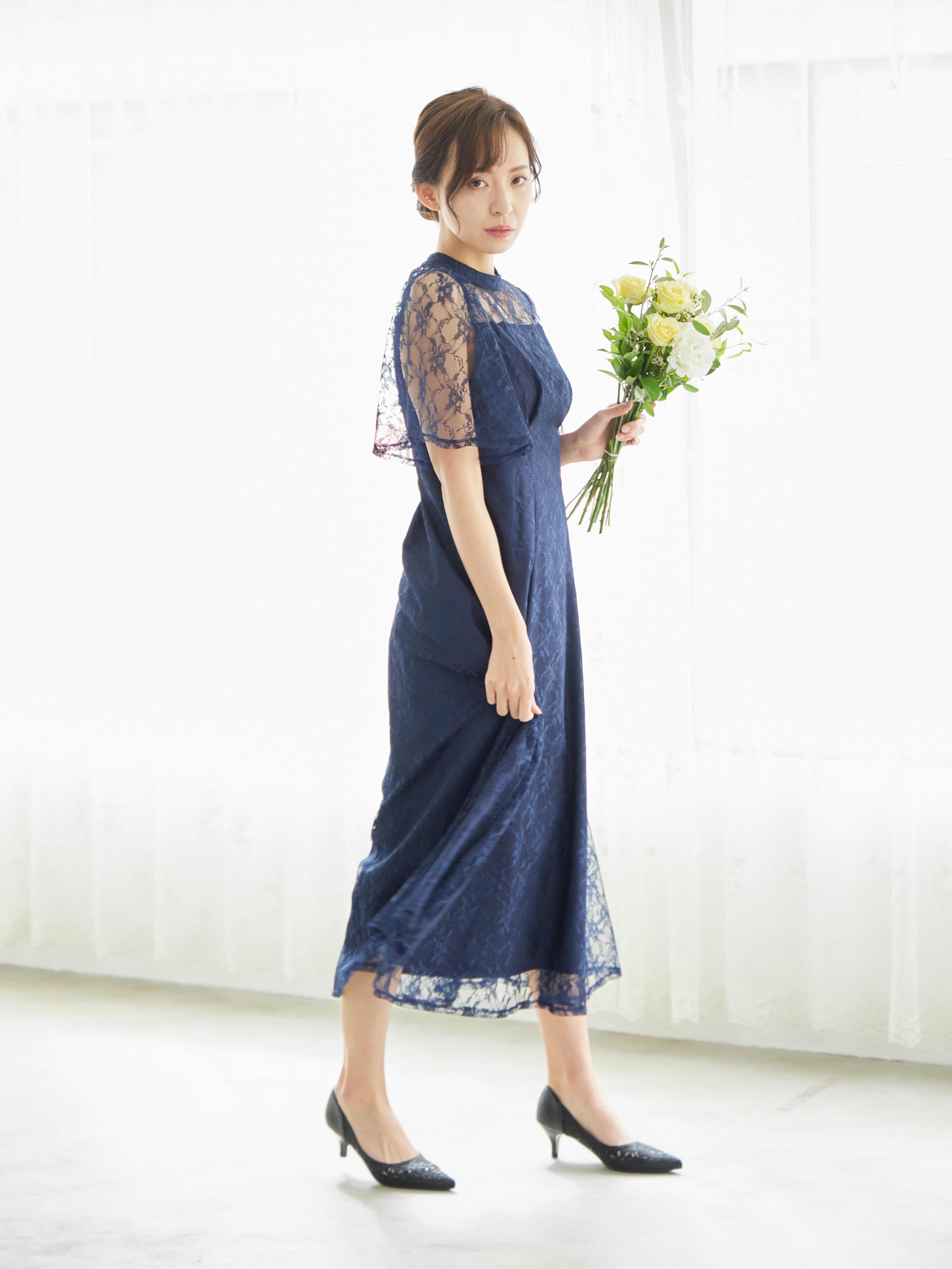 [レンタル] BELINDA DE CAPRIS 総レースフレア袖 ハイネック ワンピースドレス ネイビーの宅配レンタル - 5