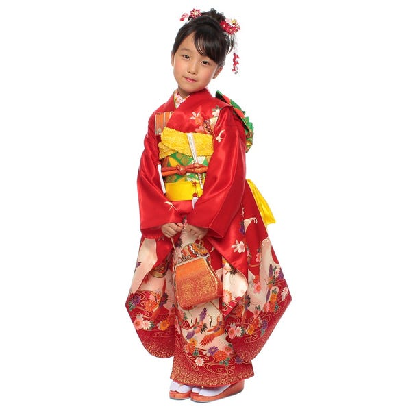 七五三7歳祝着物化繊フルセットアンティーク振袖風鶴松椿山河作り帯は