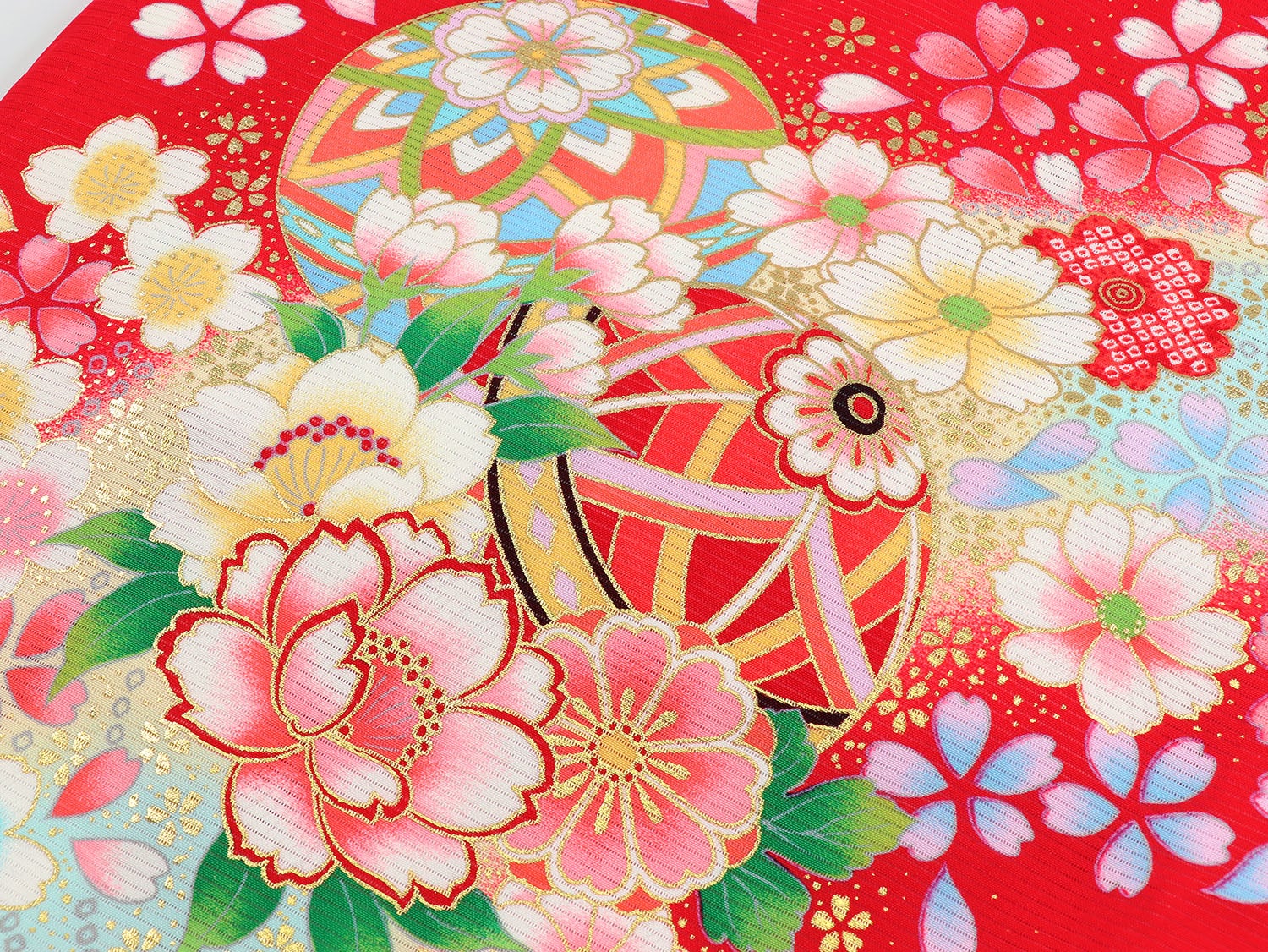 [レンタル] 女の子 お宮参り 産着 絽（夏用） レンタル6点フルセット 正絹 鞠と花模様 赤色の宅配レンタル - 4