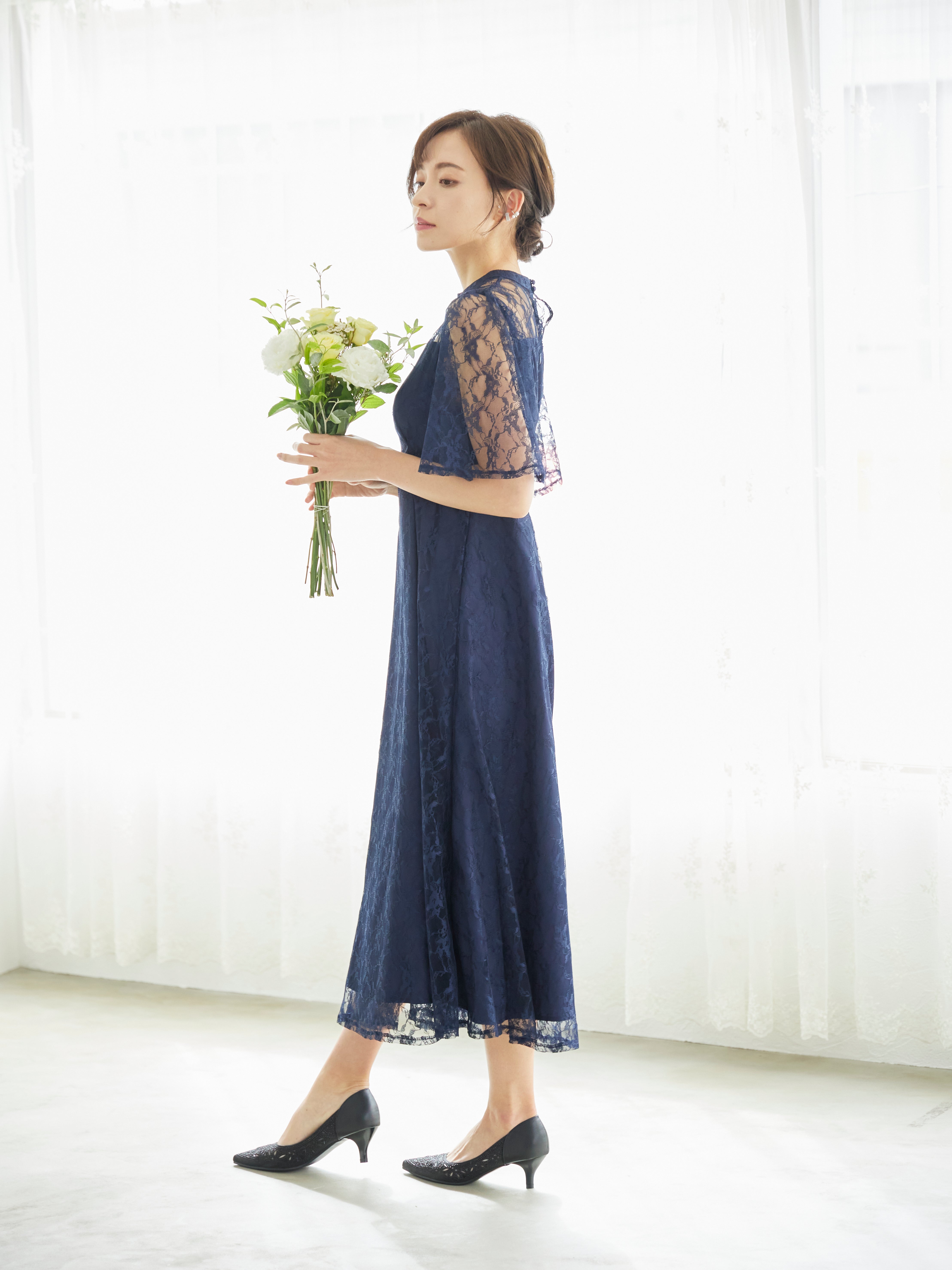 [レンタル] BELINDA DE CAPRIS 総レースフレア袖 ハイネック ワンピースドレス ネイビーの宅配レンタル - 11