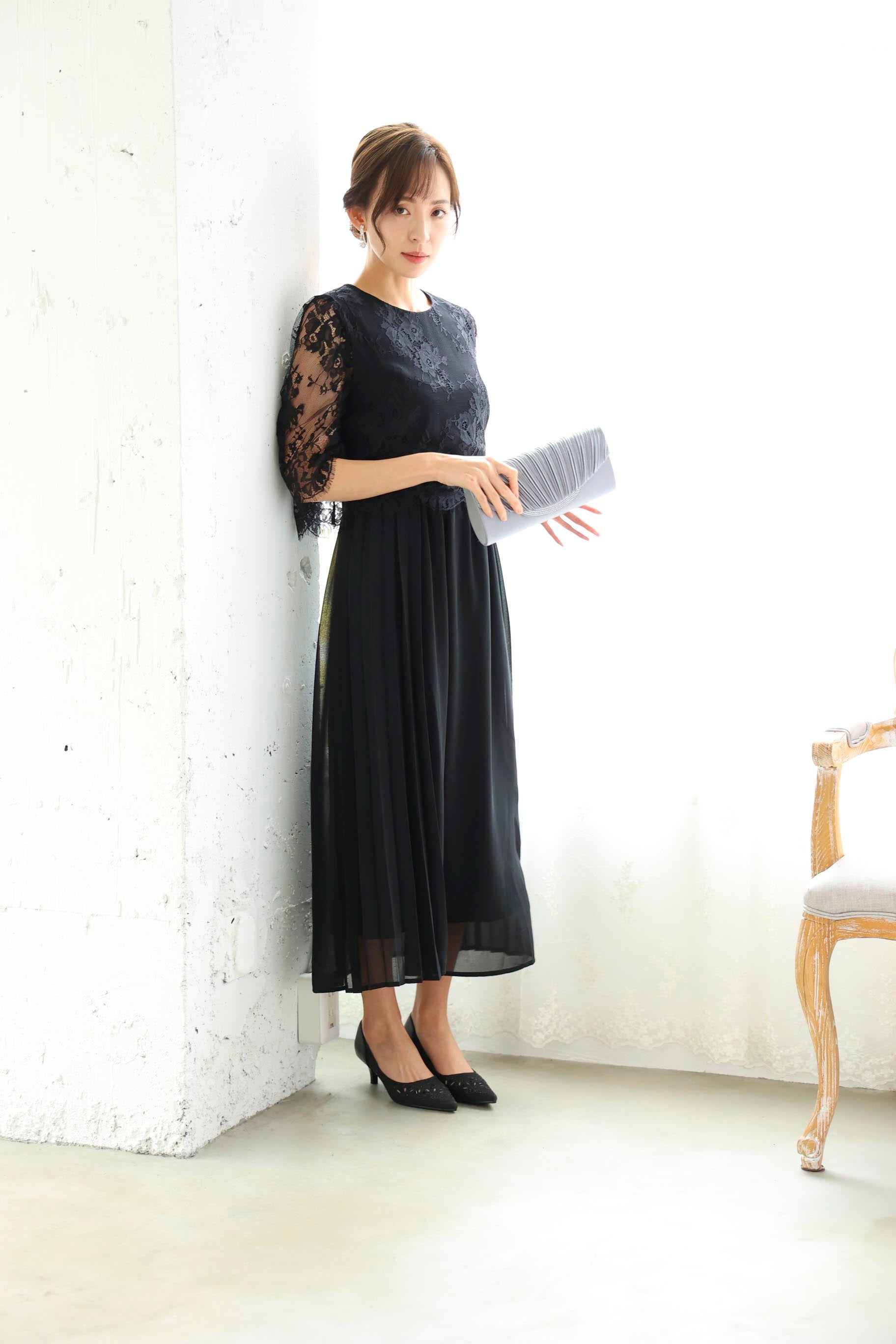 [レンタル] BELINDA DE CAPRIS サイドプリーツ レーススリーブ ワンピースドレス ブラックの宅配レンタル - 2