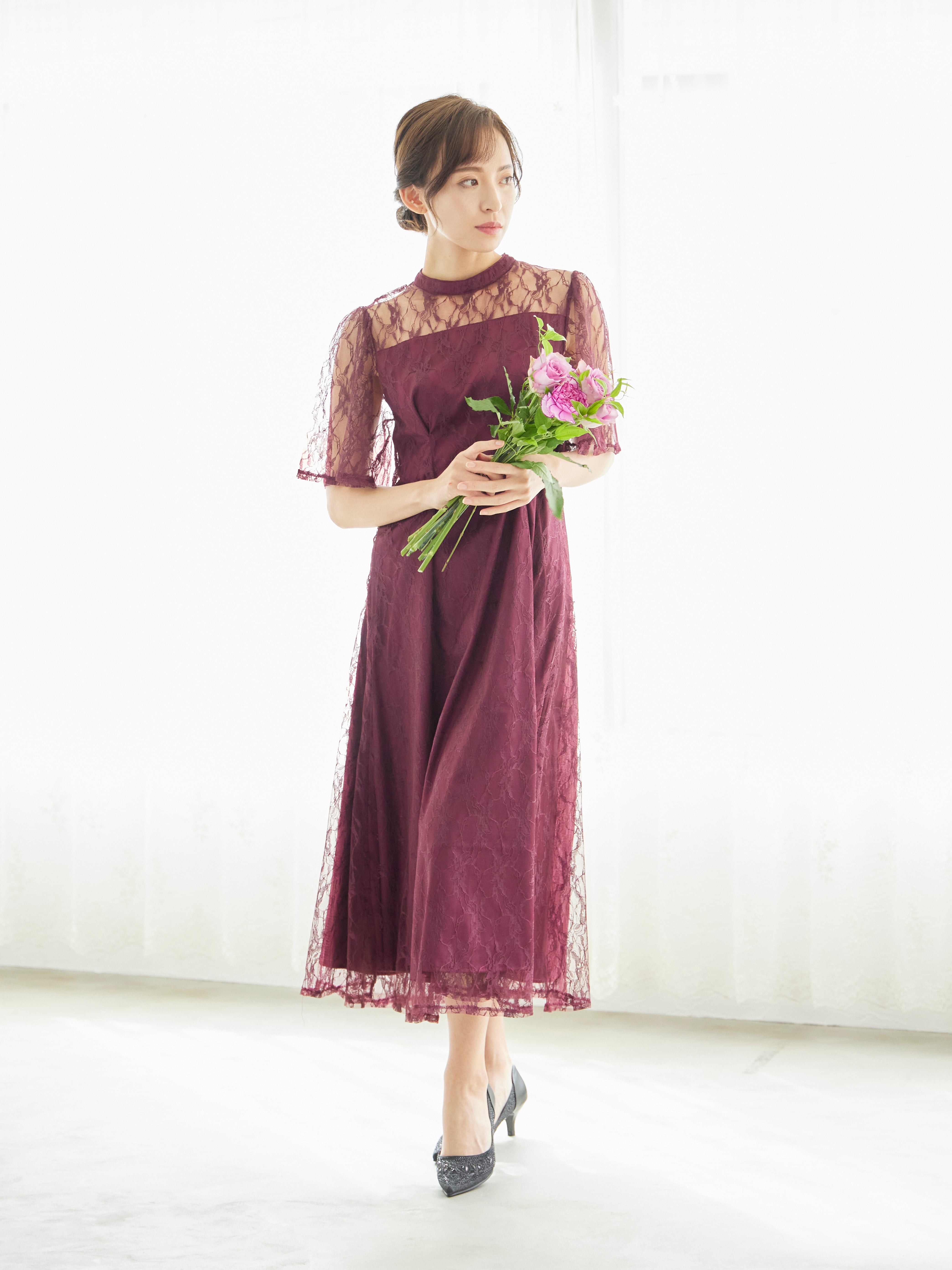 [レンタル] BELINDA DE CAPRIS 総レースフレア袖 ハイネック ワンピースドレス ワインレッドの宅配レンタル - 12