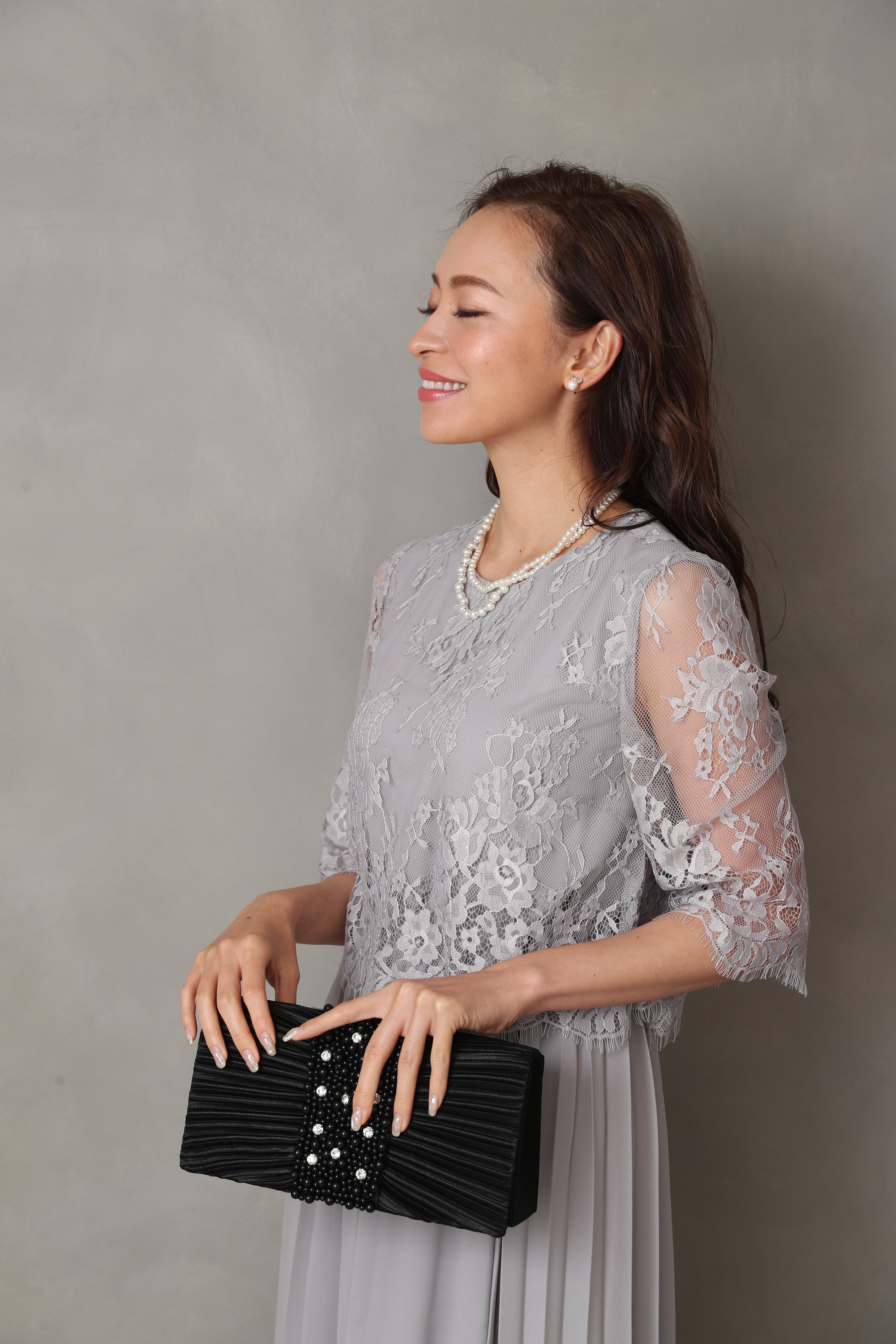 [レンタル] BELINDA DE CAPRIS サイドプリーツ レーススリーブ ワンピースドレス グレーの宅配レンタル - 28