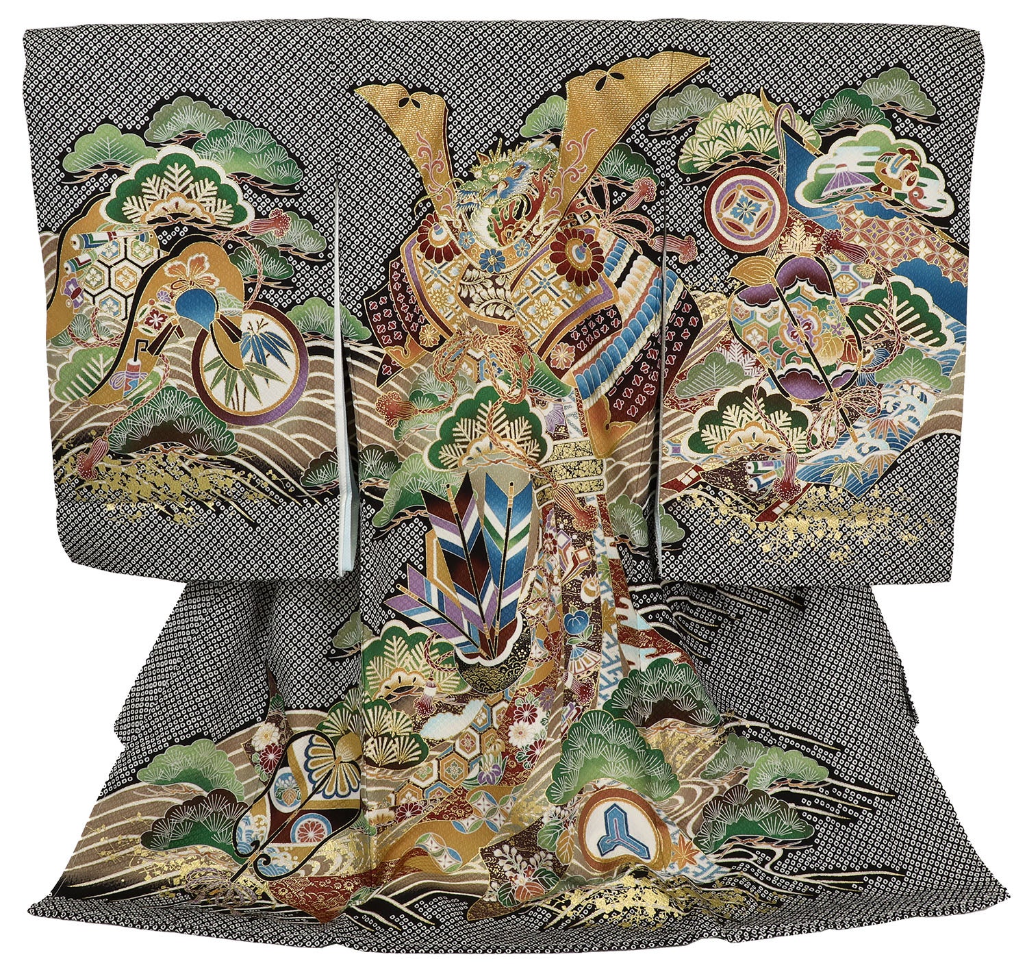 男の子 お宮参り 産着 レンタル6点フルセット 正絹 兜と束熨斗に矢羽 総疋田柄の黒色