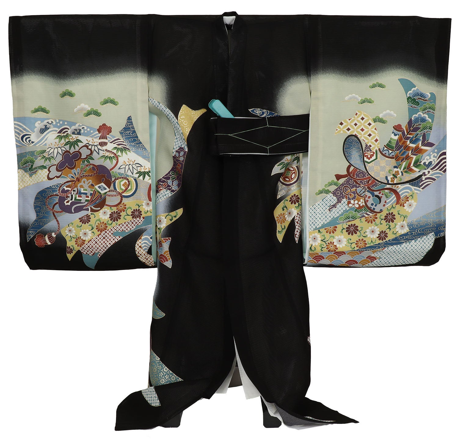 [レンタル] 男の子 お宮参り 産着 絽（夏用） レンタル6点フルセット 正絹 兜と束熨斗に軍配と鎧 黒色の宅配レンタル - 2