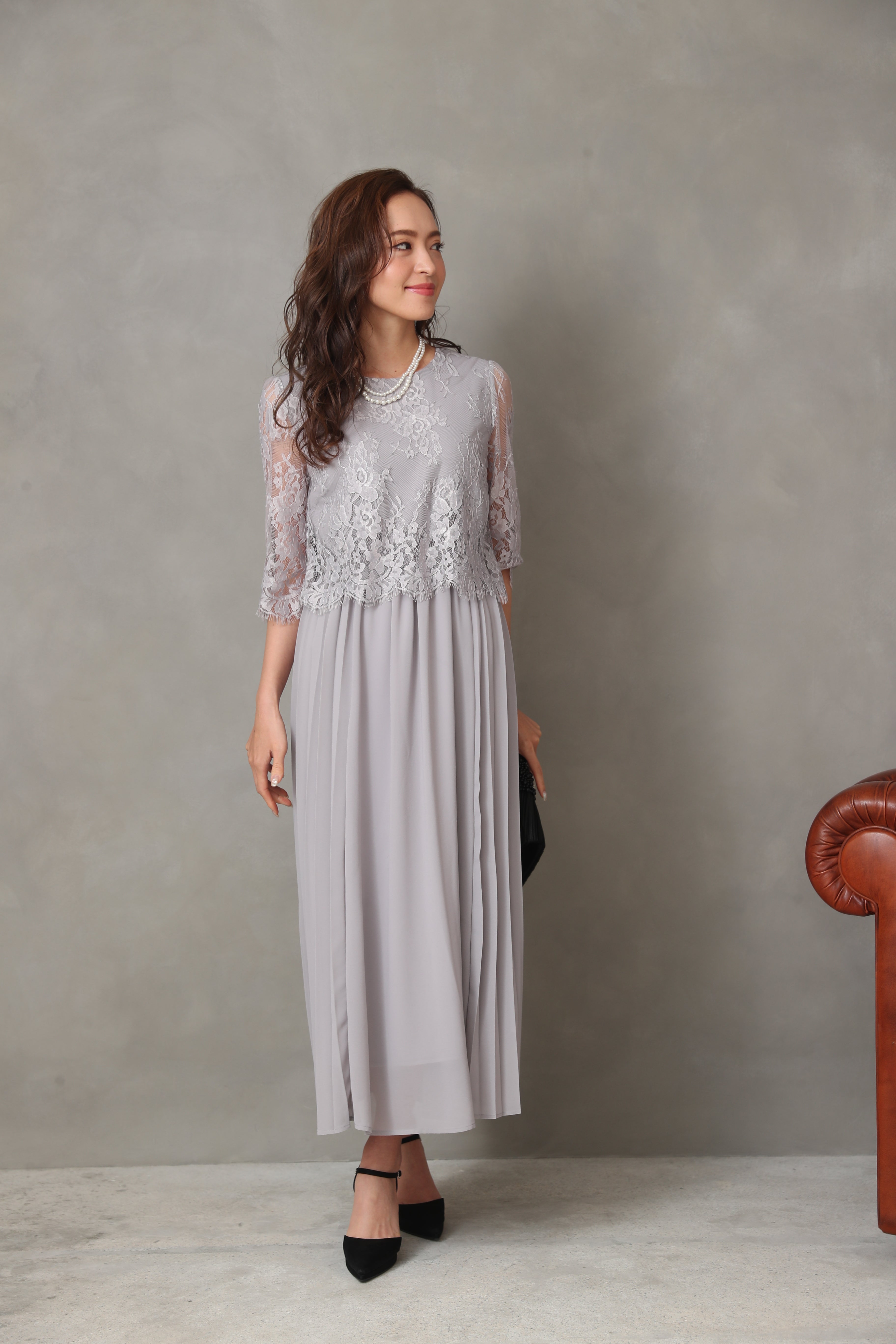 [レンタル] BELINDA DE CAPRIS サイドプリーツ レーススリーブ ワンピースドレス グレーの宅配レンタル - 10