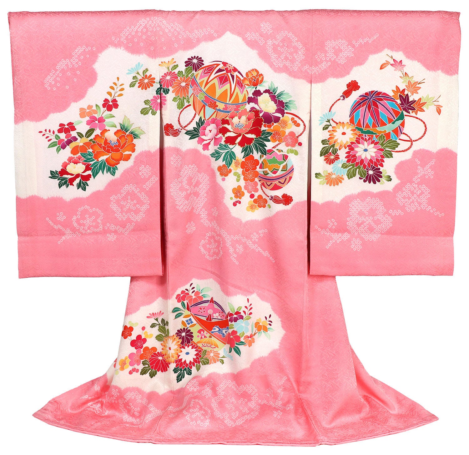 女の子 お宮参り 産着 レンタル6点フルセット 正絹 鞠と牡丹 紗綾形のピンク色