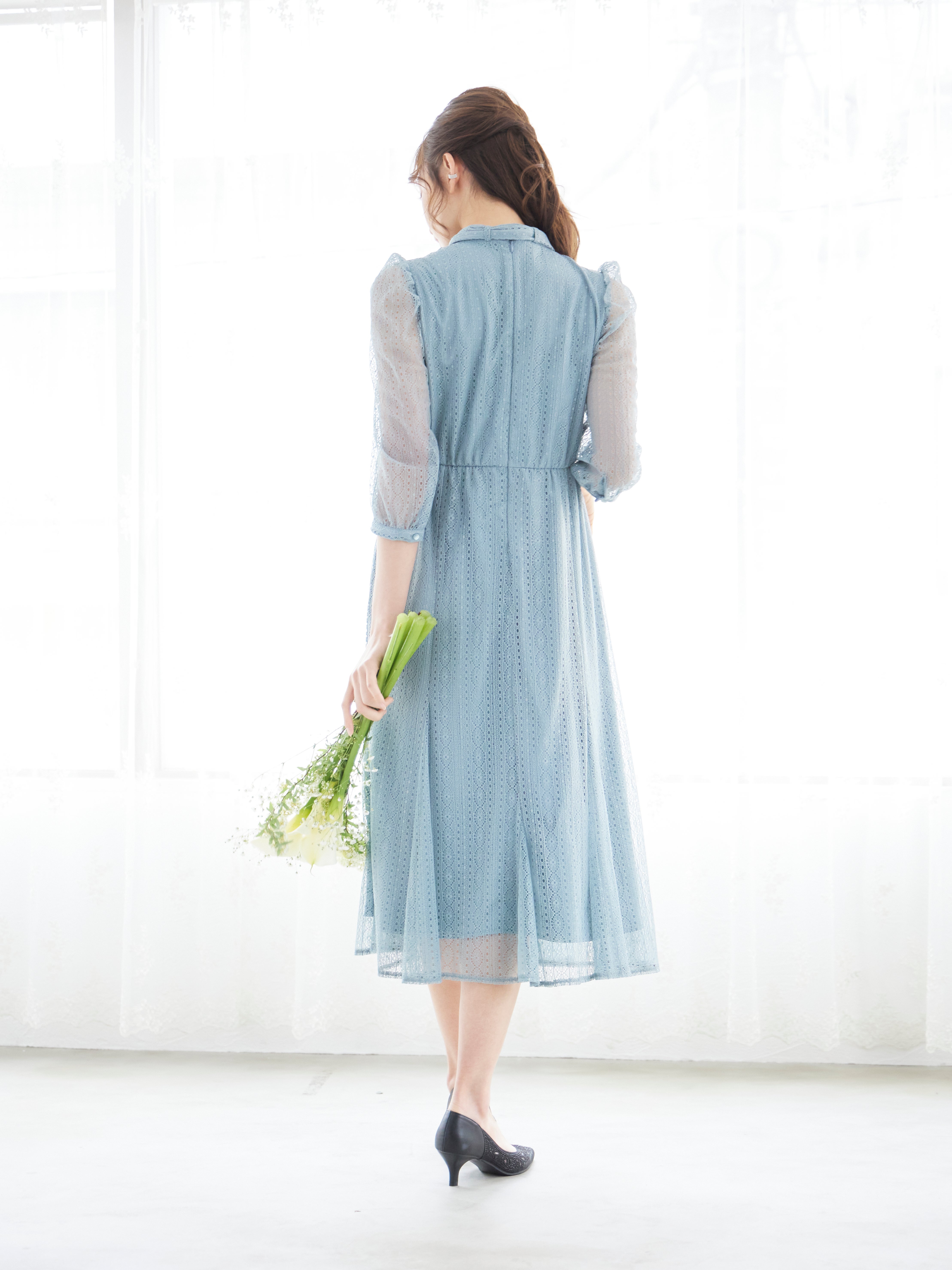 [レンタル] BELINDA DE CAPRIS リボン付きギャザースリーブ レースワンピースドレス サックスブルーの宅配レンタル - 5