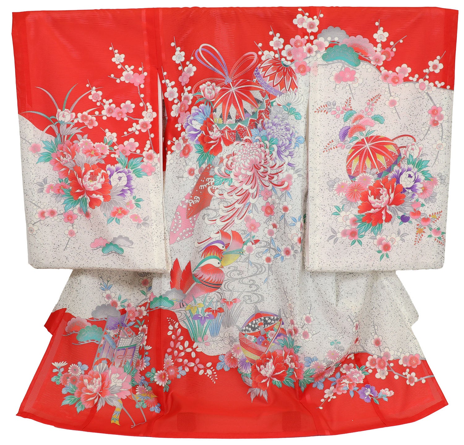 [レンタル] 女の子 お宮参り 産着 絽（夏用） レンタル6点フルセット 鞠と鴛鴦 赤色