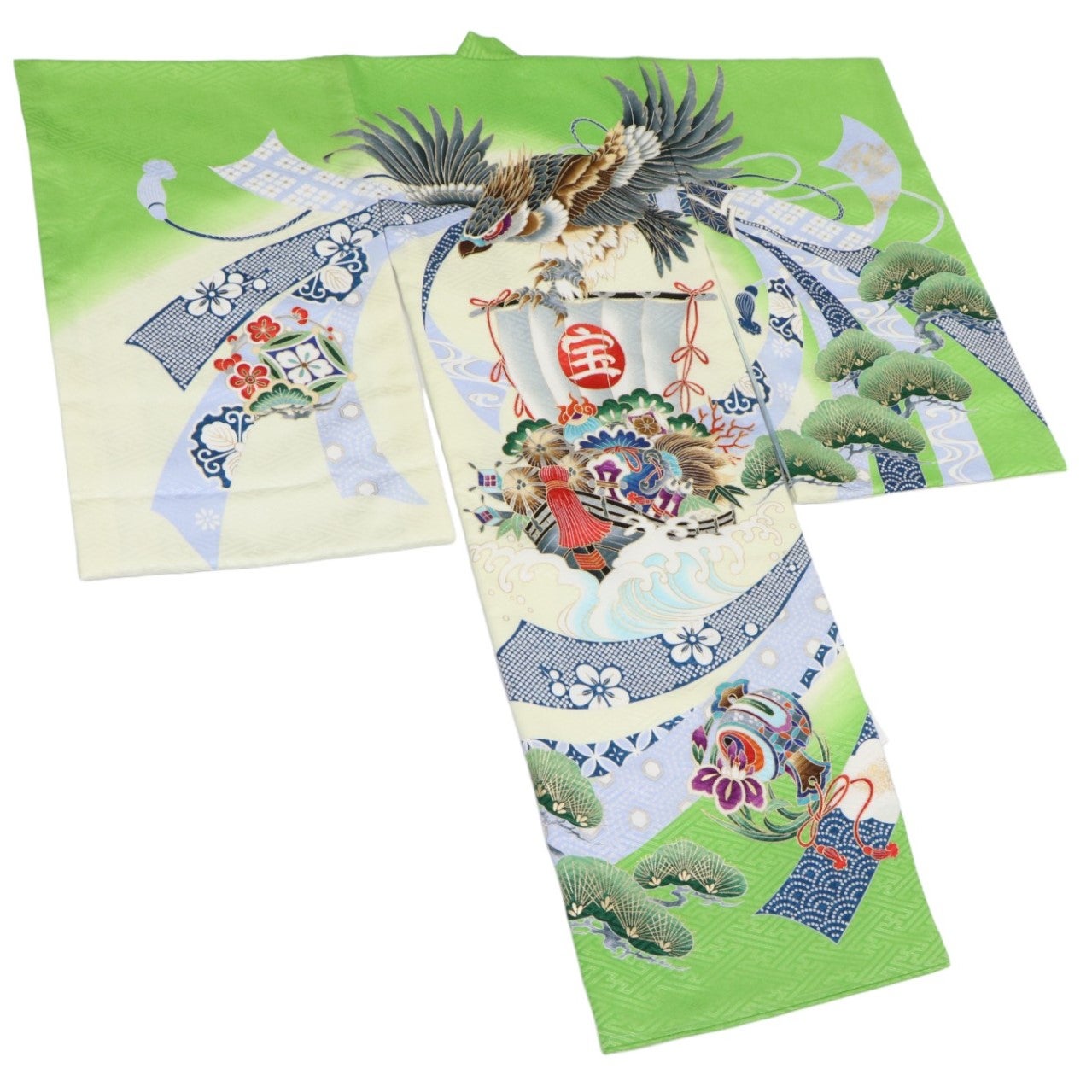 男の子 お宮参り 産着レンタル6点フルセット 鷹に宝船 黄緑