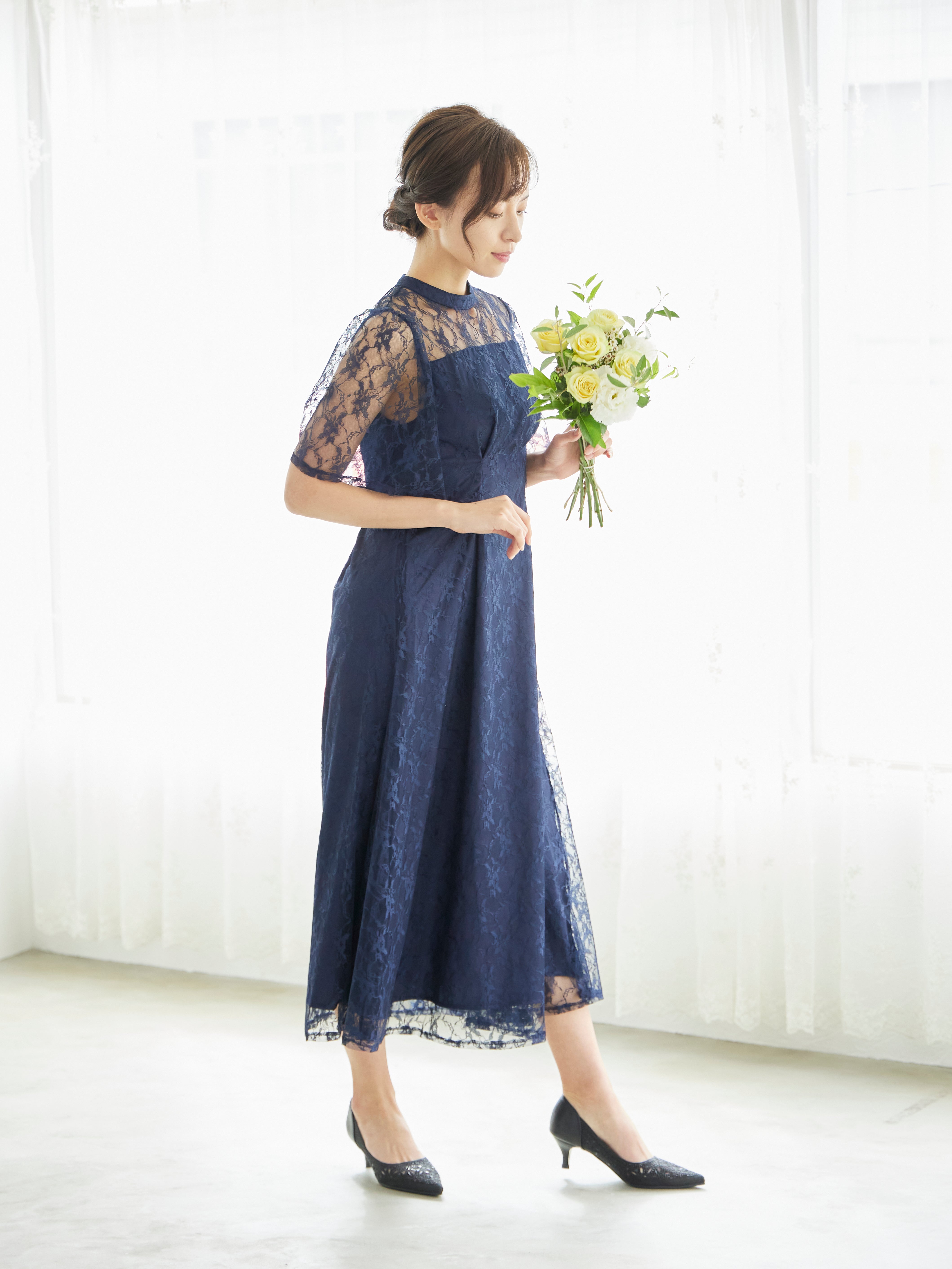 [レンタル] BELINDA DE CAPRIS 総レースフレア袖 ハイネック ワンピースドレス ネイビーの宅配レンタル - 3