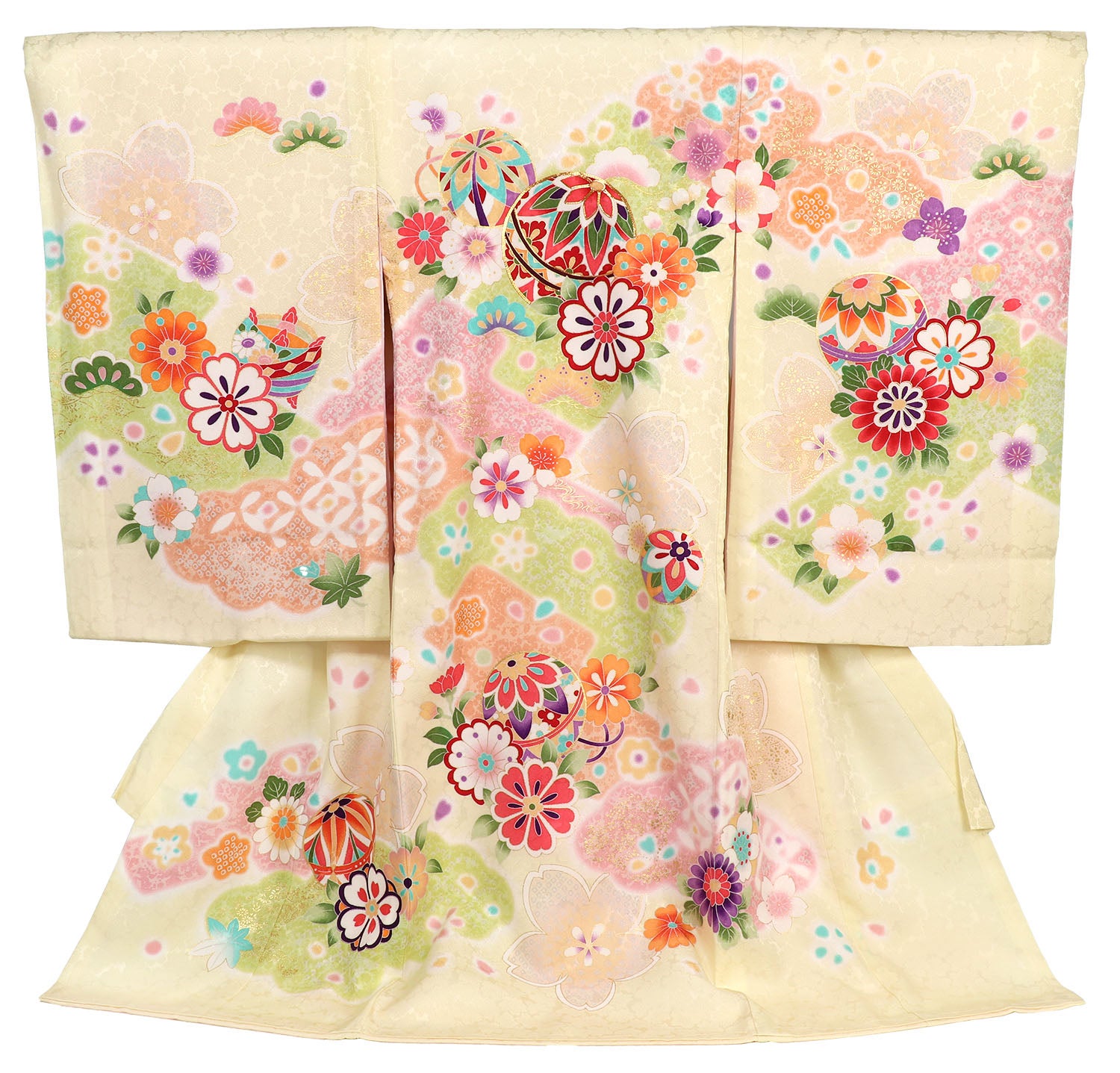 女の子 お宮参り 産着 レンタル6点フルセット 正絹 鞠尽くし クリーム色