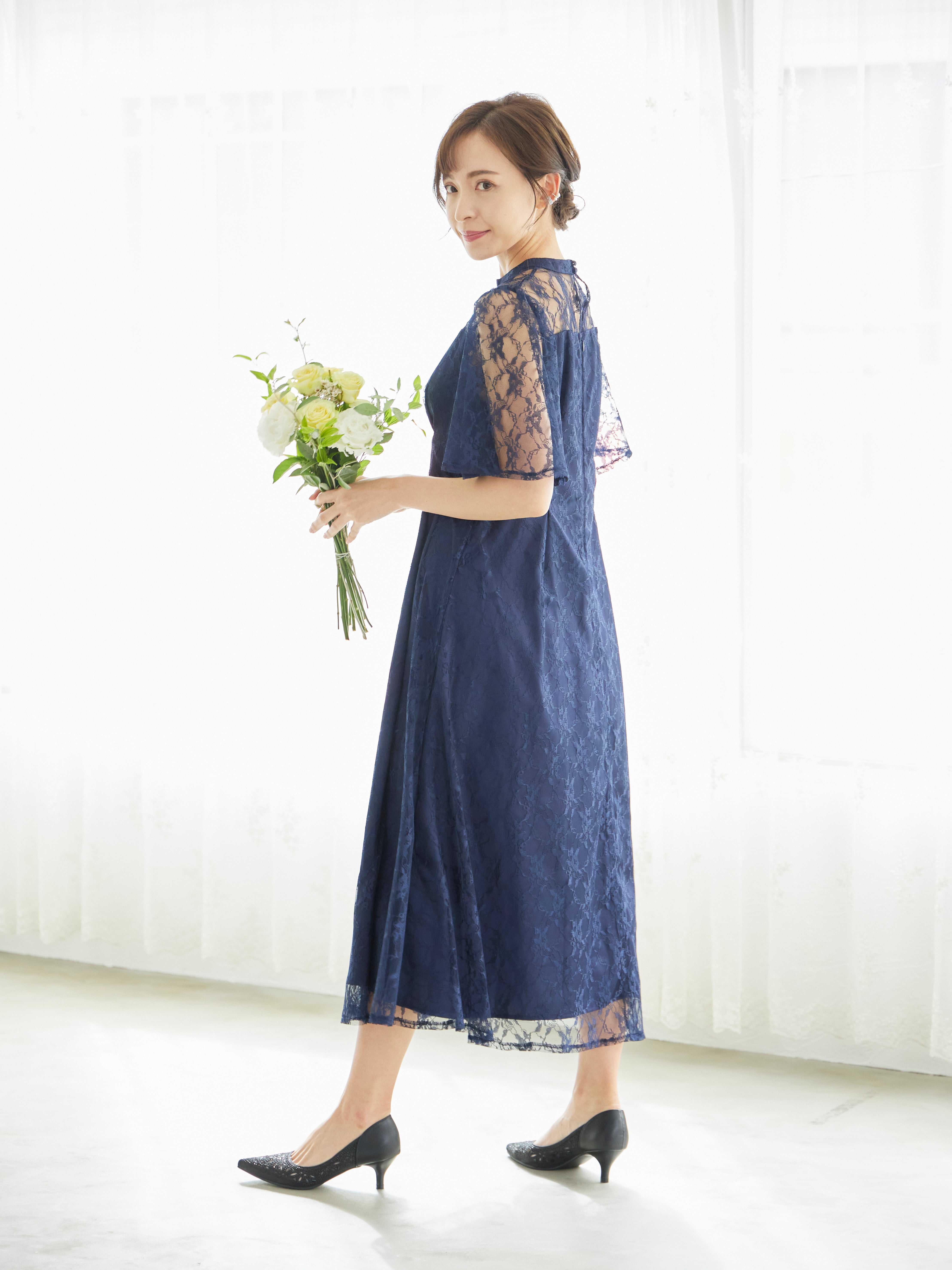 [レンタル] BELINDA DE CAPRIS 総レースフレア袖 ハイネック ワンピースドレス ネイビーの宅配レンタル - 12