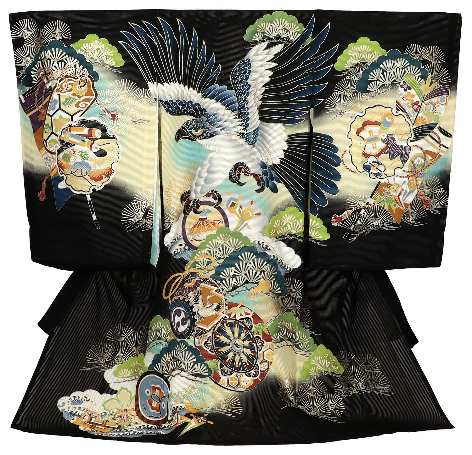 [レンタル] 男の子 お宮参り 産着 絽（夏用） レンタル6点フルセット 正絹 鷹に松+宝尽くし 黒色