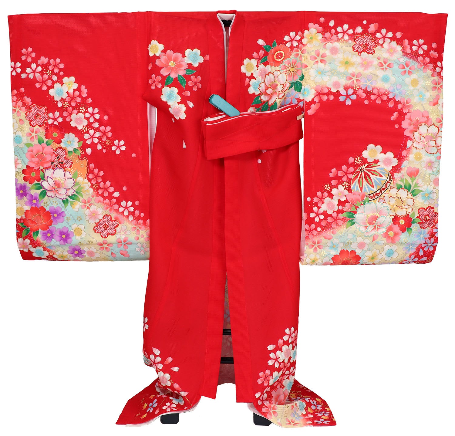 [レンタル] 女の子 お宮参り 産着 絽（夏用） レンタル6点フルセット 正絹 鞠と花模様 赤色の宅配レンタル - 2