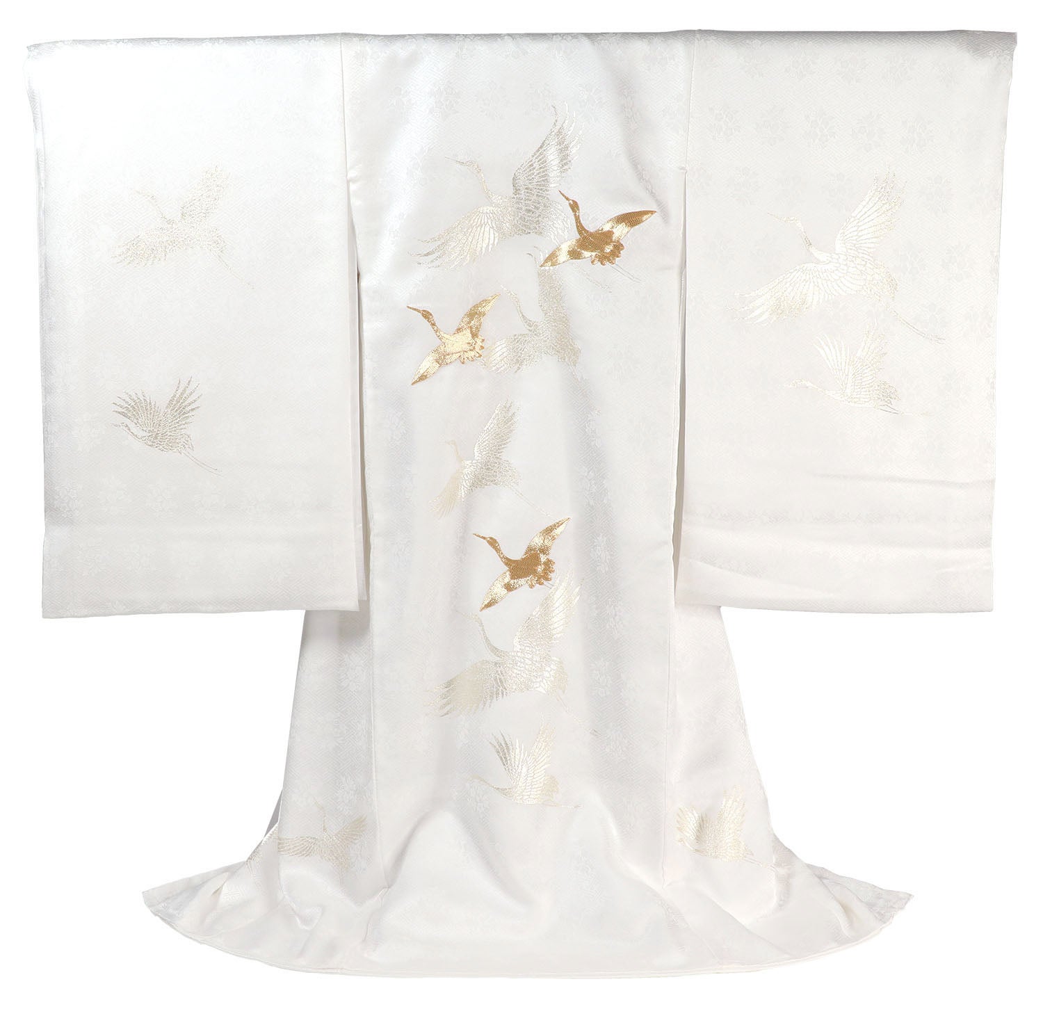 [レンタル] 女の子 お宮参り 産着 レンタル6点フルセット 正絹 金鶴 紗綾形の白色