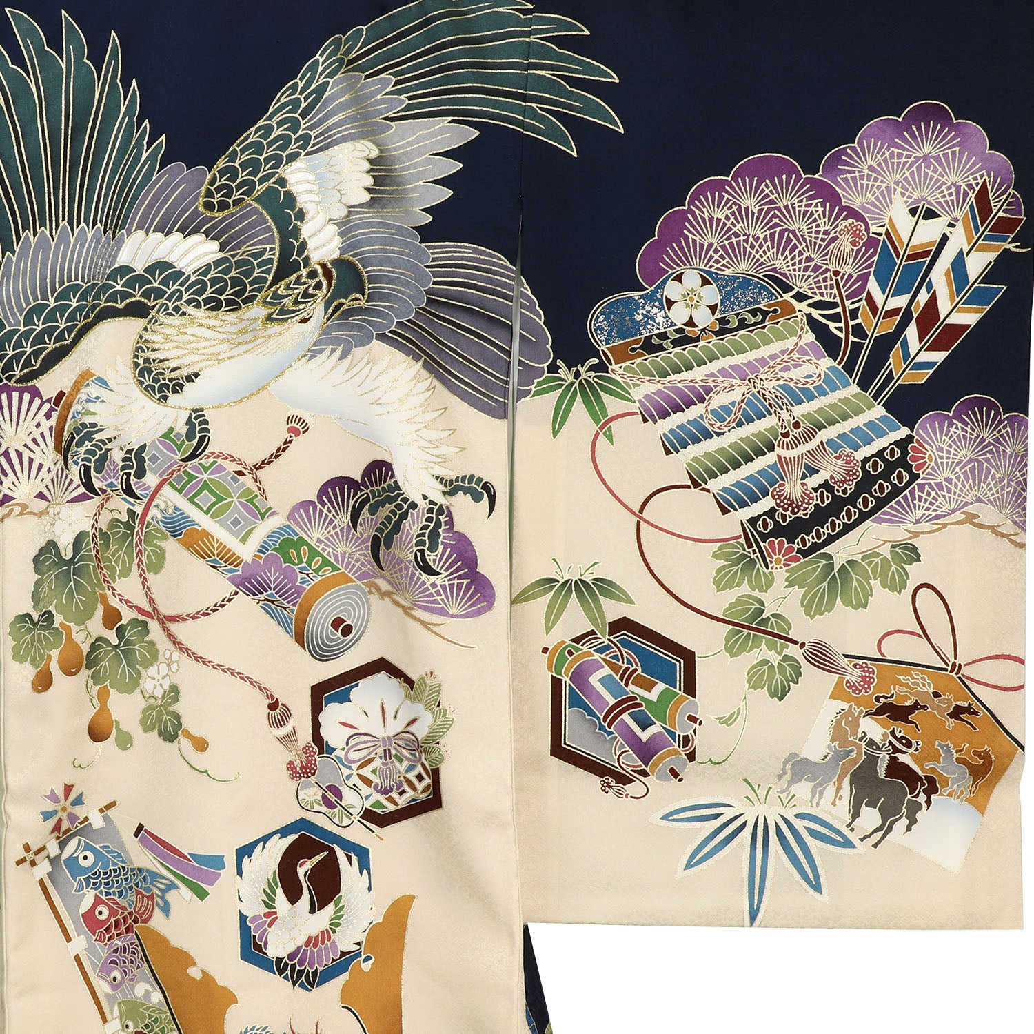 [レンタル] 男の子 お宮参り 産着 レンタル6点フルセット 正絹 鷹兜に巻物と鯉のぼり 紺色の宅配レンタル - 3