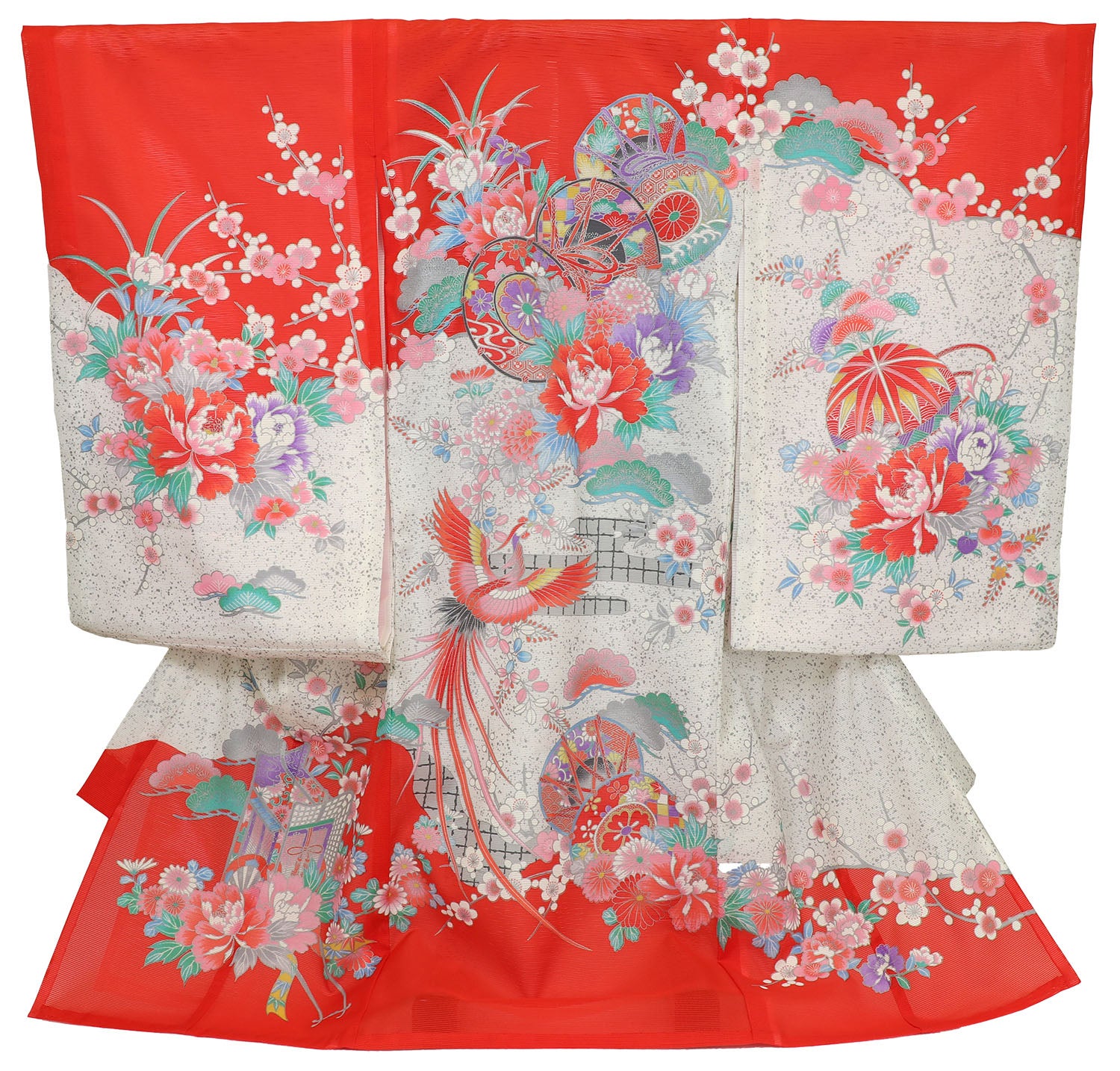 [レンタル] 女の子 お宮参り 産着 絽（夏用） レンタル6点フルセット 鼓と鳳凰 赤色