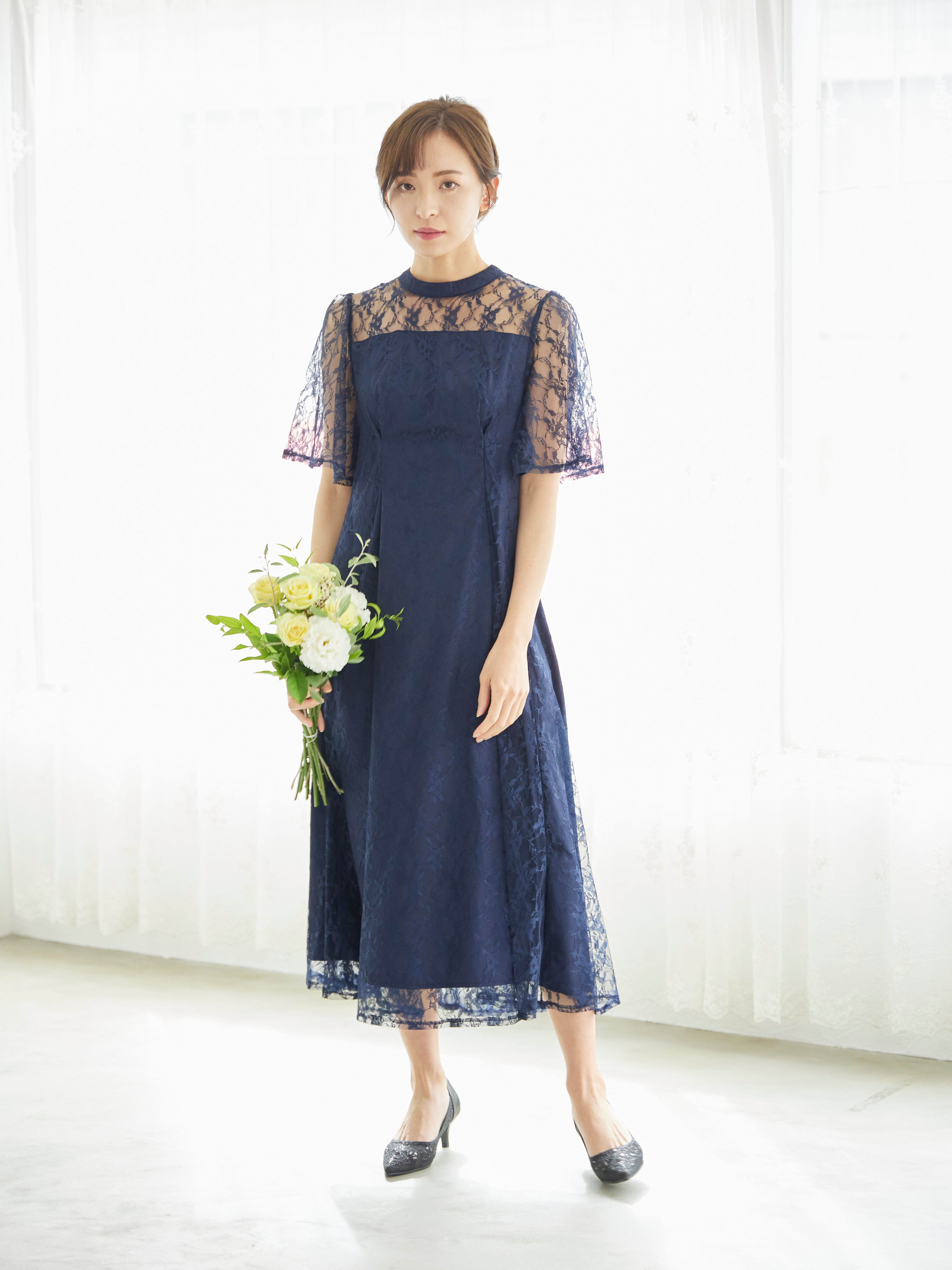 [レンタル] BELINDA DE CAPRIS 総レースフレア袖 ハイネック ワンピースドレス ネイビーの宅配レンタル - 14