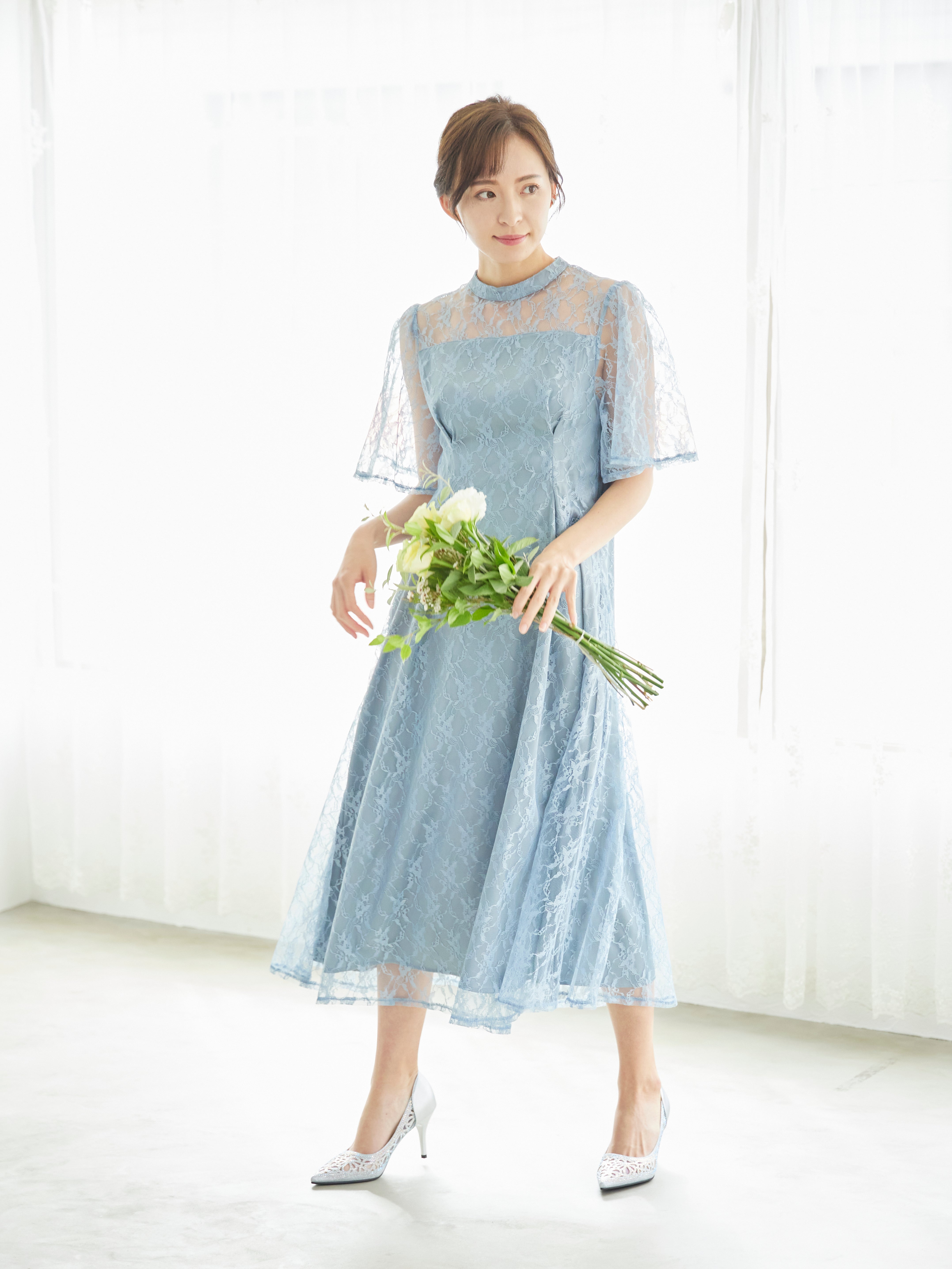 レンタル] BELINDA DE CAPRIS 総レースフレア袖 ハイネック ワンピース