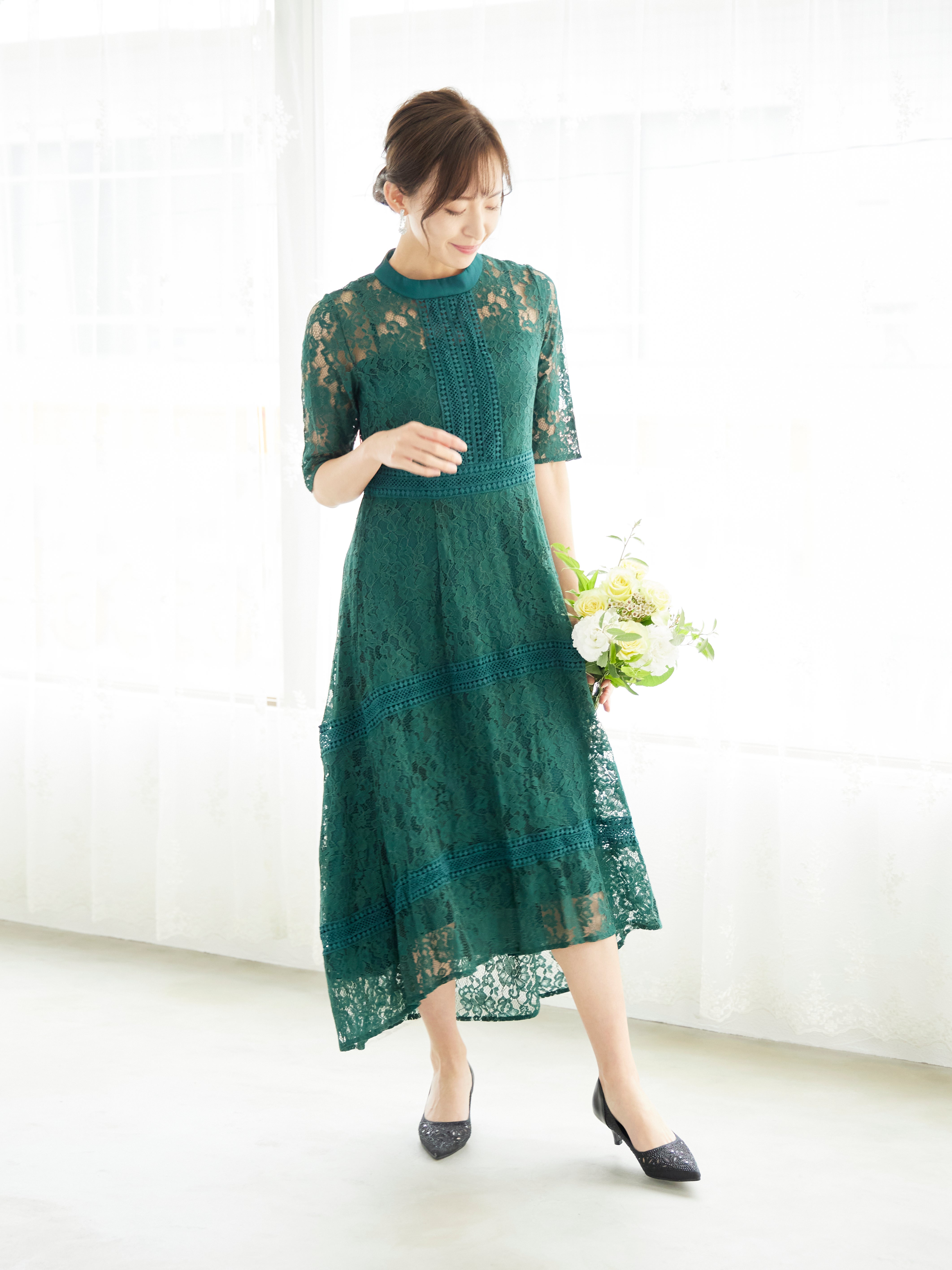 最高級●ドルチェ&ガッバーナ 花柄 レース ワンピース ドレス グリーン 38 レンタル] BELINDA DE CAPRIS ケミカルレース フィッシュテール