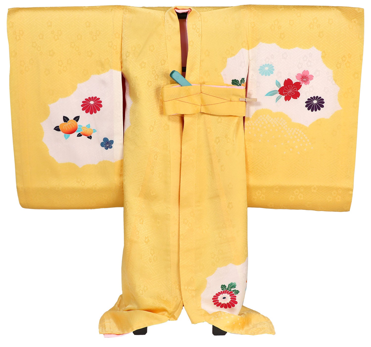 [レンタル] 女の子 お宮参り 産着 レンタル6点フルセット 正絹 鞠と鼓 紗綾形の黄色色の宅配レンタル - 2