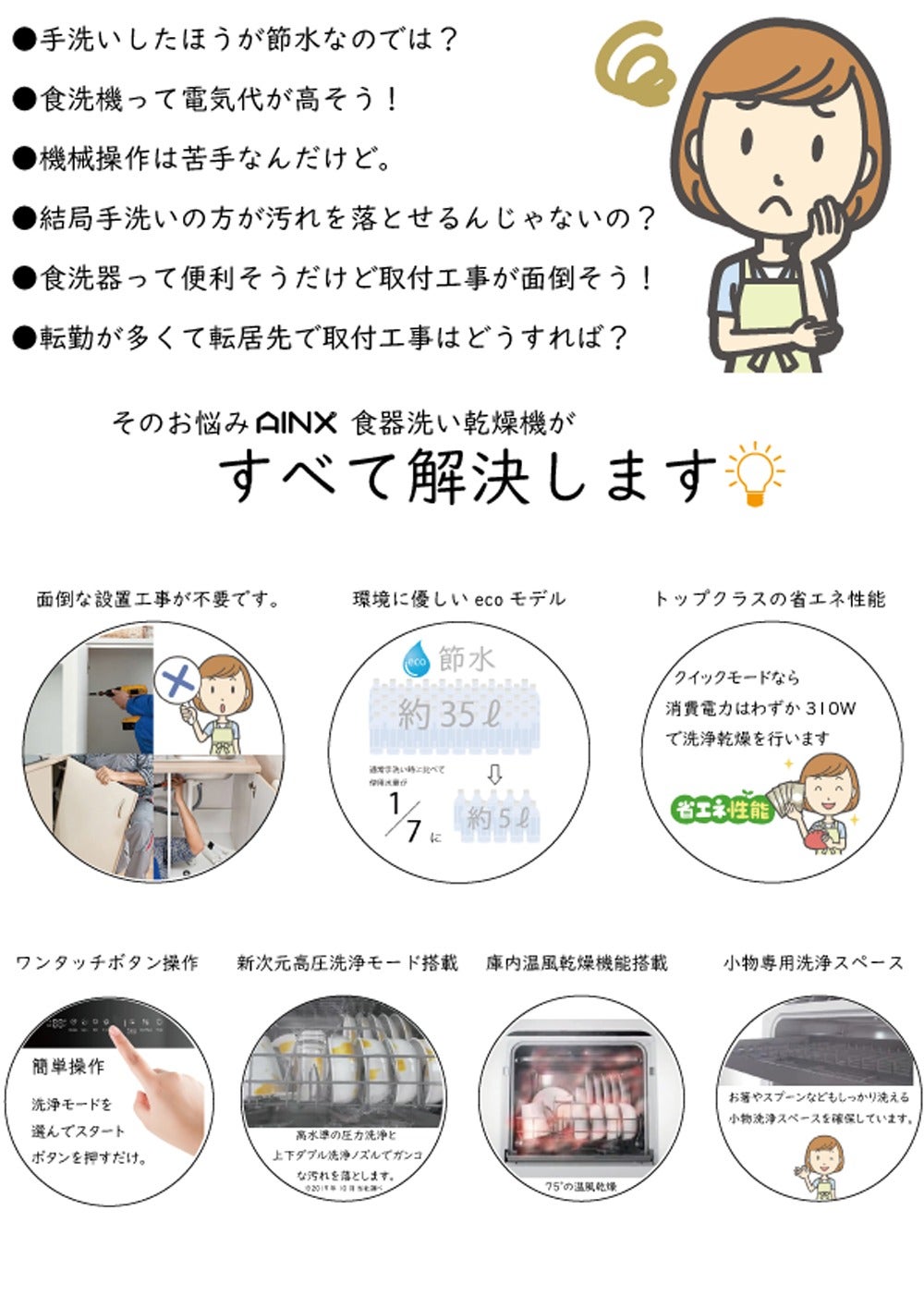 [レンタル] [～食器16点]AINX タンク式食器洗乾燥機 工事不要 Smart Dish Washer AX-S3W - 7