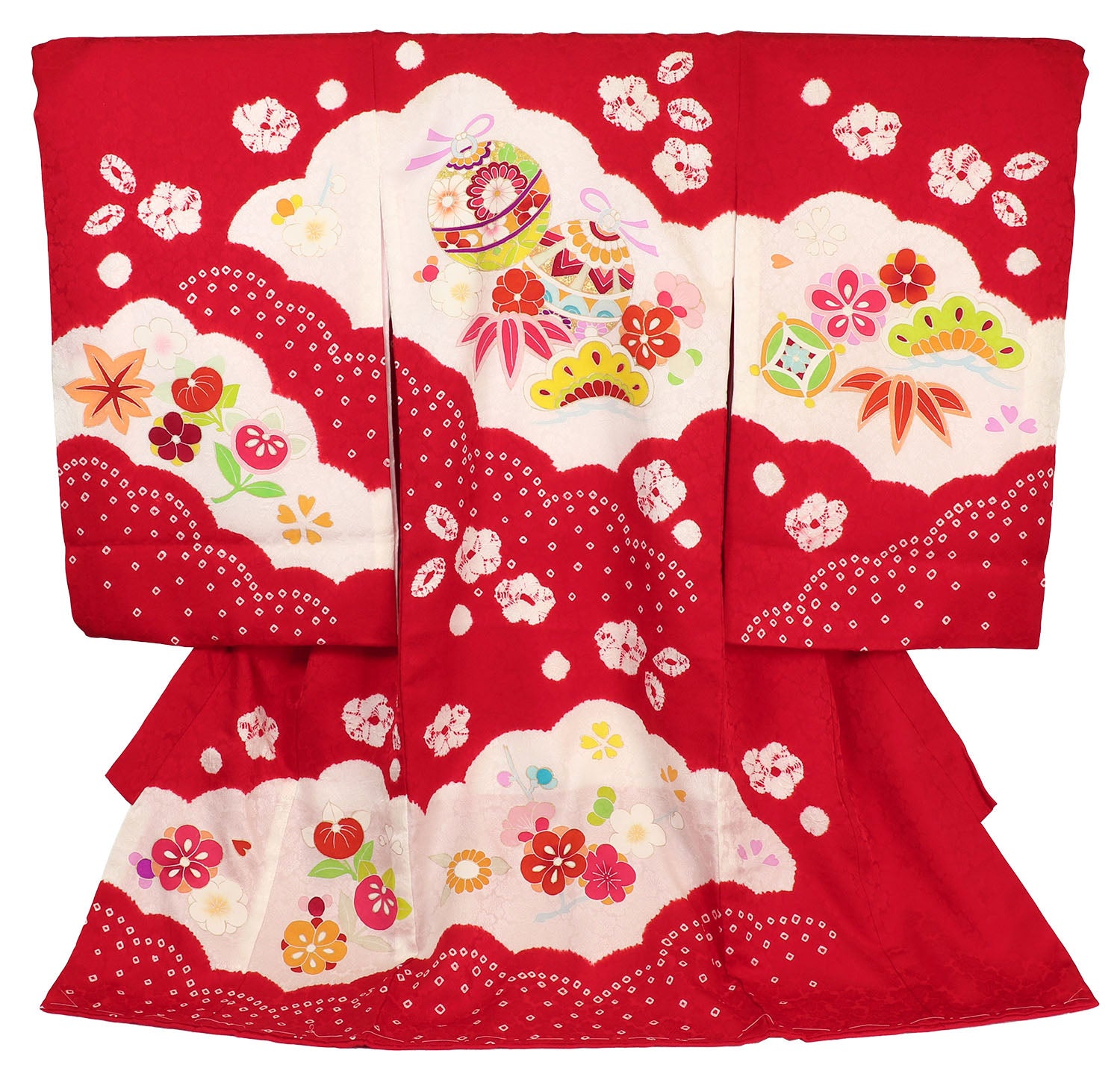 女の子 お宮参り 産着 レンタル6点フルセット 正絹 鈴に雲取りに梅 赤色