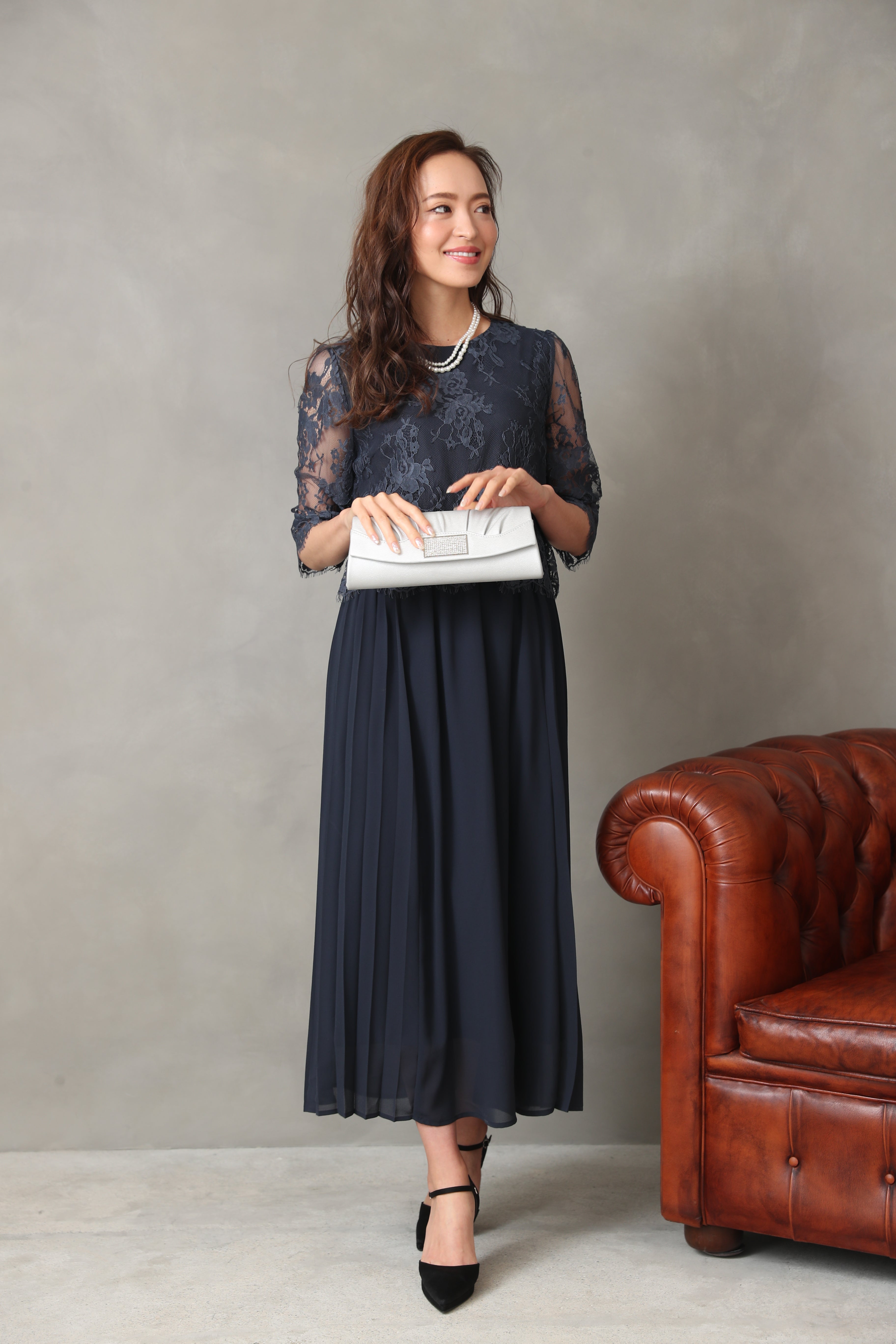 [レンタル] BELINDA DE CAPRIS サイドプリーツ レーススリーブ ワンピースドレス ネイビーの宅配レンタル - 14