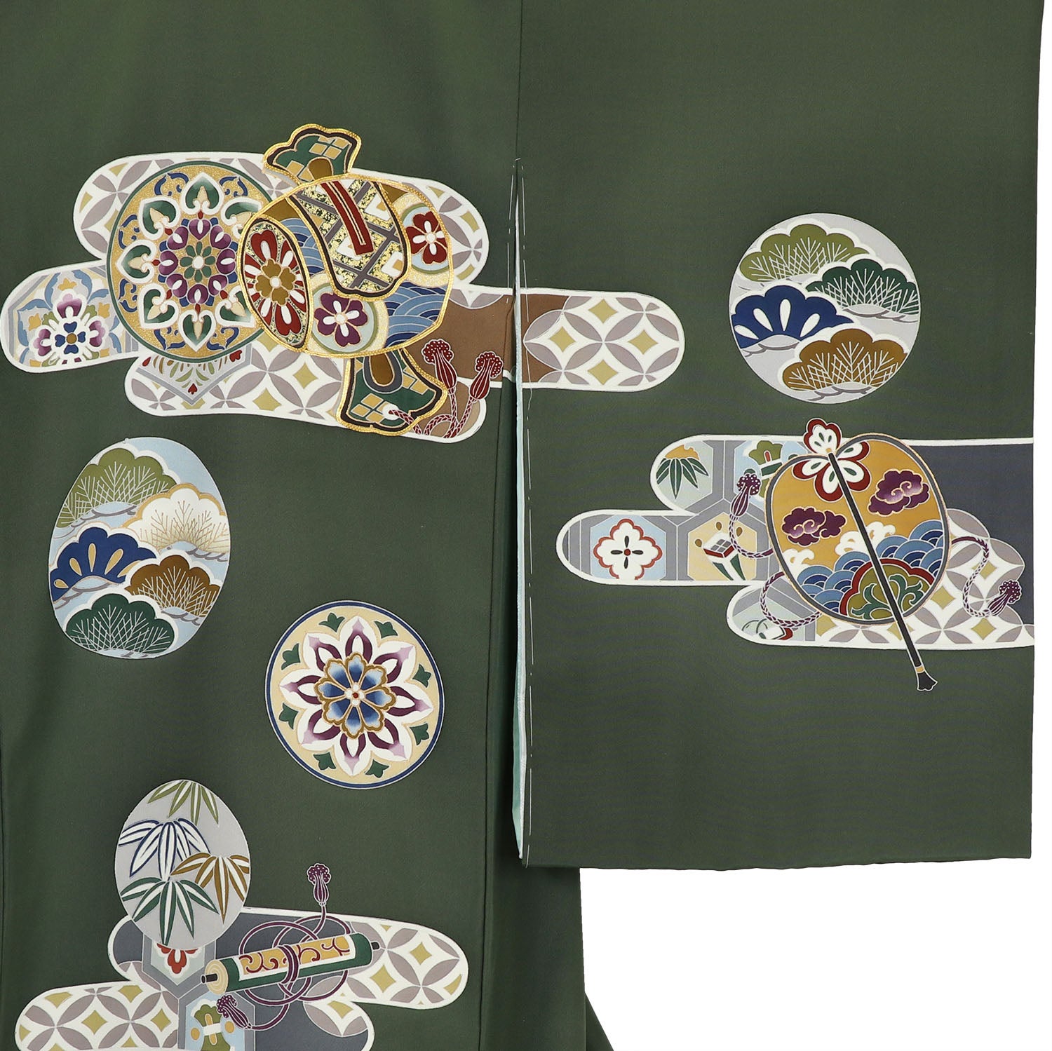 [レンタル] [手描友禅] 男の子 お宮参り 産着 手描友禅 レンタル6点フルセット 正絹 霞に小槌 深緑色の宅配レンタル - 3