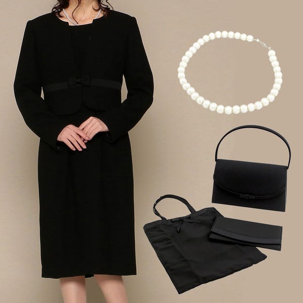 [レンタル] ワンピースーツ6点セット(ジャケット+ワンピース+ハンドバッグ+サブバッグ+ふくさ+パールネックレス) ブラックフォーマル ブラック 13号