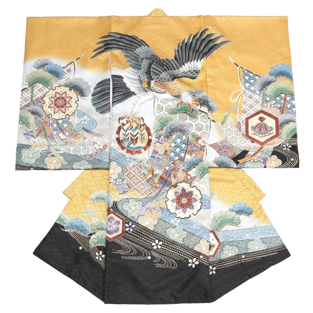 男の子 お宮参り 産着レンタル6点フルセット 正絹 鷹 亀甲紋