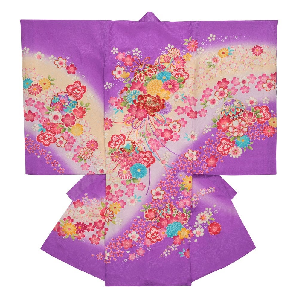 [レンタル] 女の子 お宮参り 産着レンタル6点フルセット 正絹 花々 毬 パープル