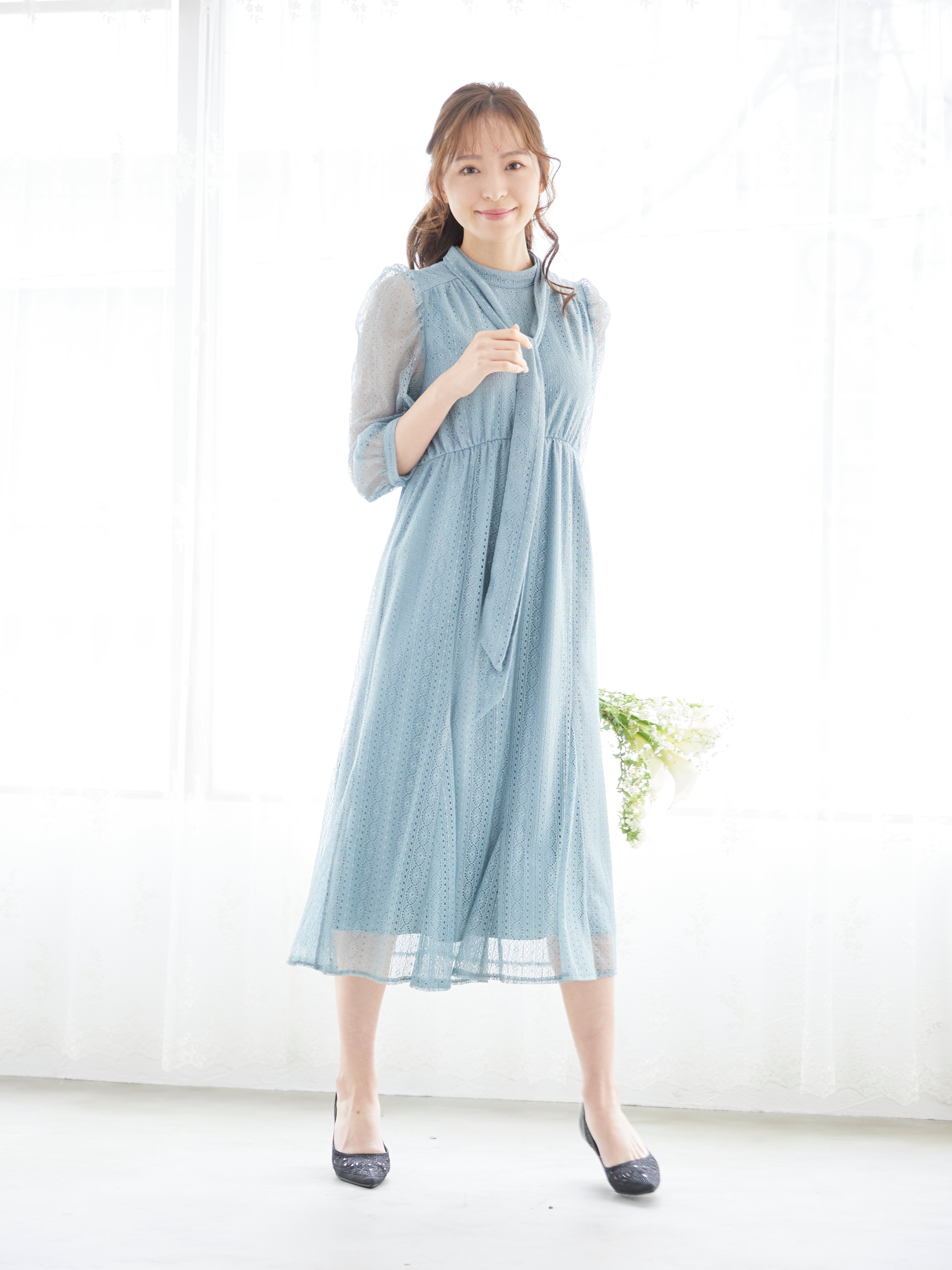 [レンタル] BELINDA DE CAPRIS リボン付きギャザースリーブ レースワンピースドレス サックスブルーの宅配レンタル - 2