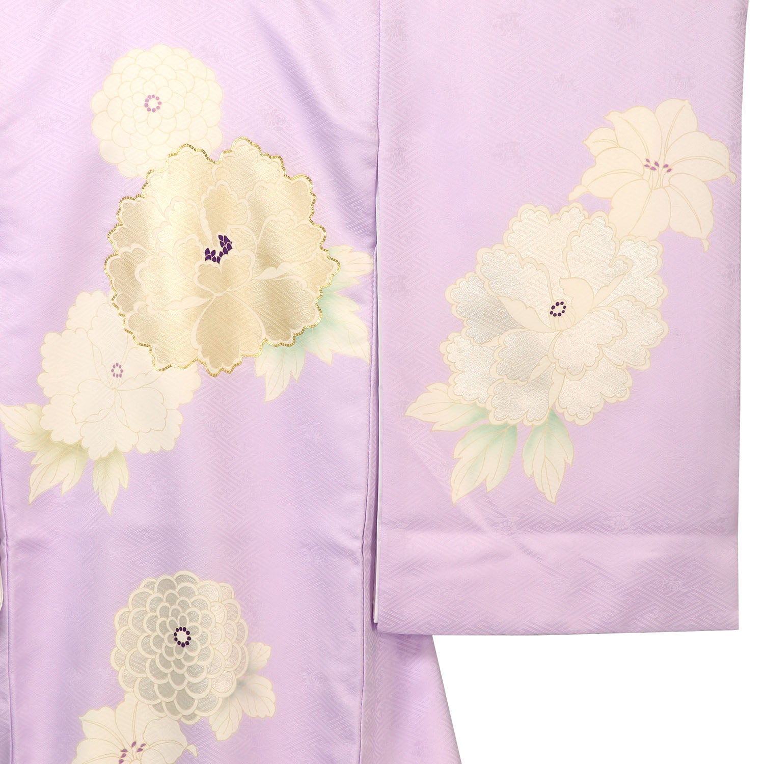 [レンタル] 女の子 お宮参り 産着 吉澤織物 レンタル6点フルセット 正絹 クリーム色の牡丹に金駒刺繍 紗綾形の藤色の宅配レンタル - 3