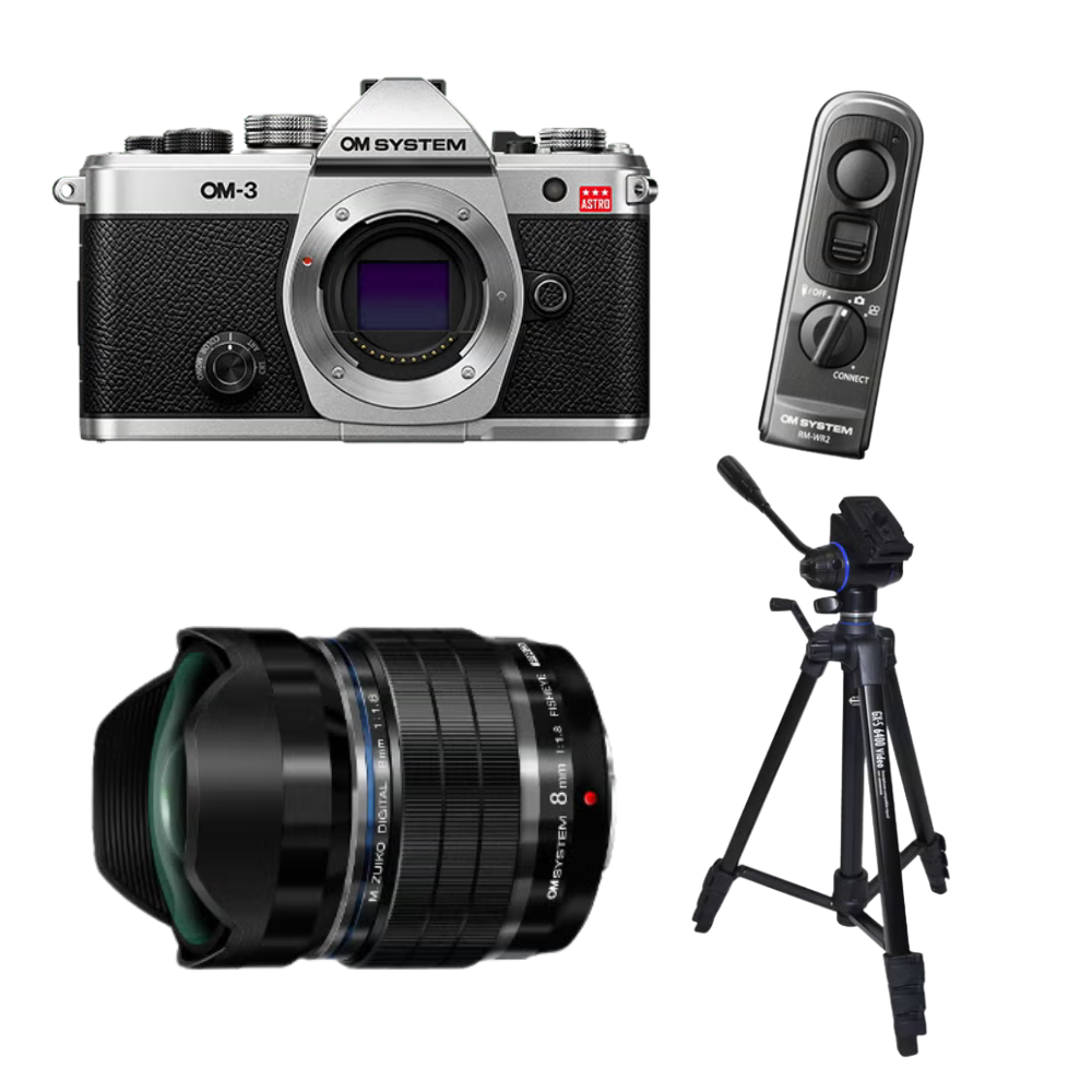 [レンタル] [天体撮影・星空撮影セット] OM SYSTEM OM-3 ASTRO ＆ M.ZUIKO DIGITAL ED 8mm F1.8 Fisheye PRO 魚眼レンズ ＆ 三脚 ＆ リモコン