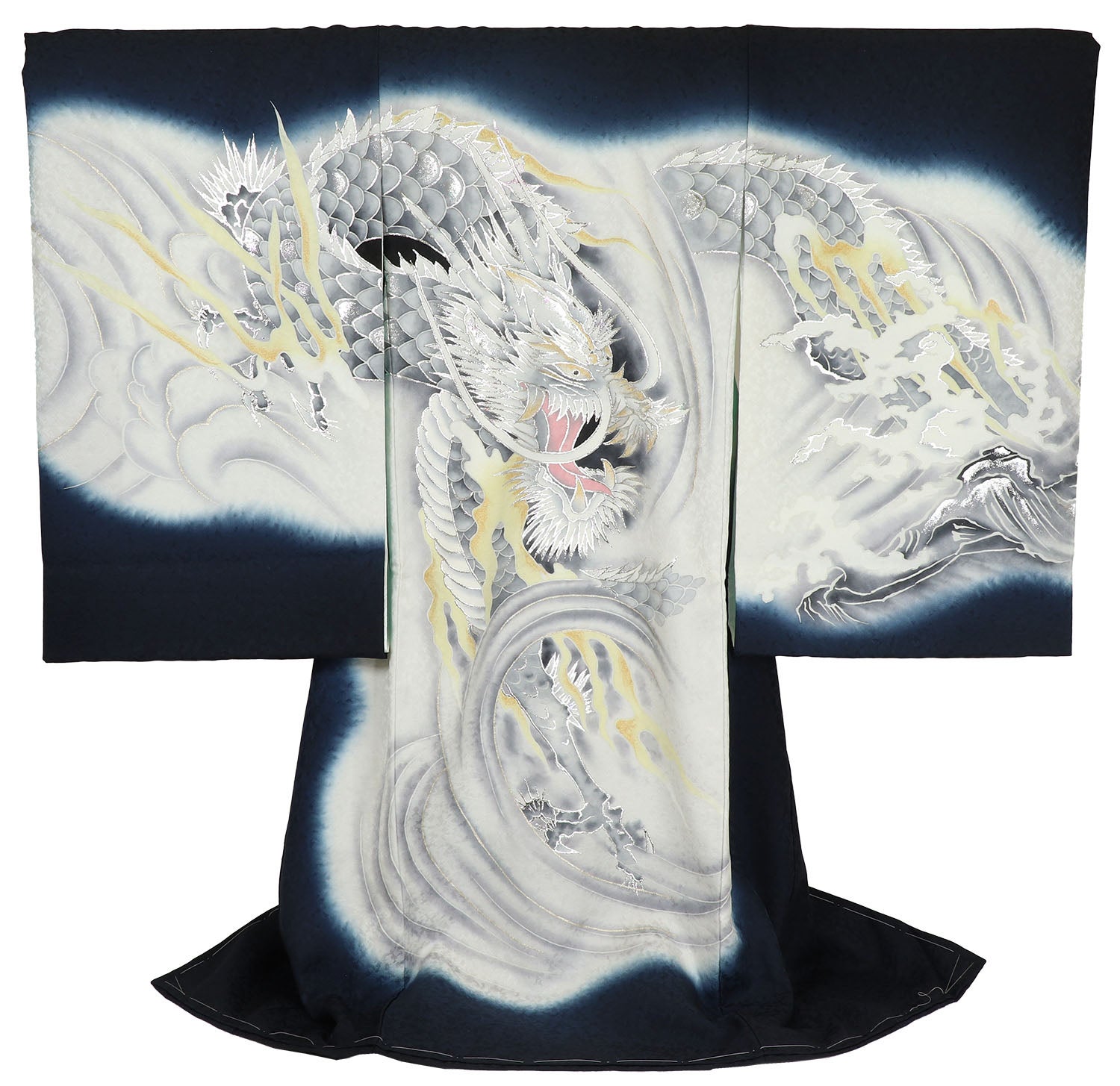 男の子 お宮参り 産着 レンタル6点フルセット 正絹 銀彩天龍 紺色